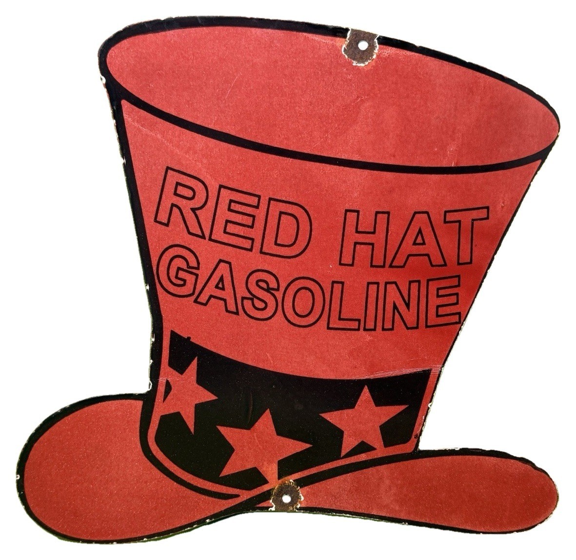 VINTAGE RED HAT GASOLINE PORCELAIN SIGN TOP HAT STARS GAS OIL PUMP PLATE