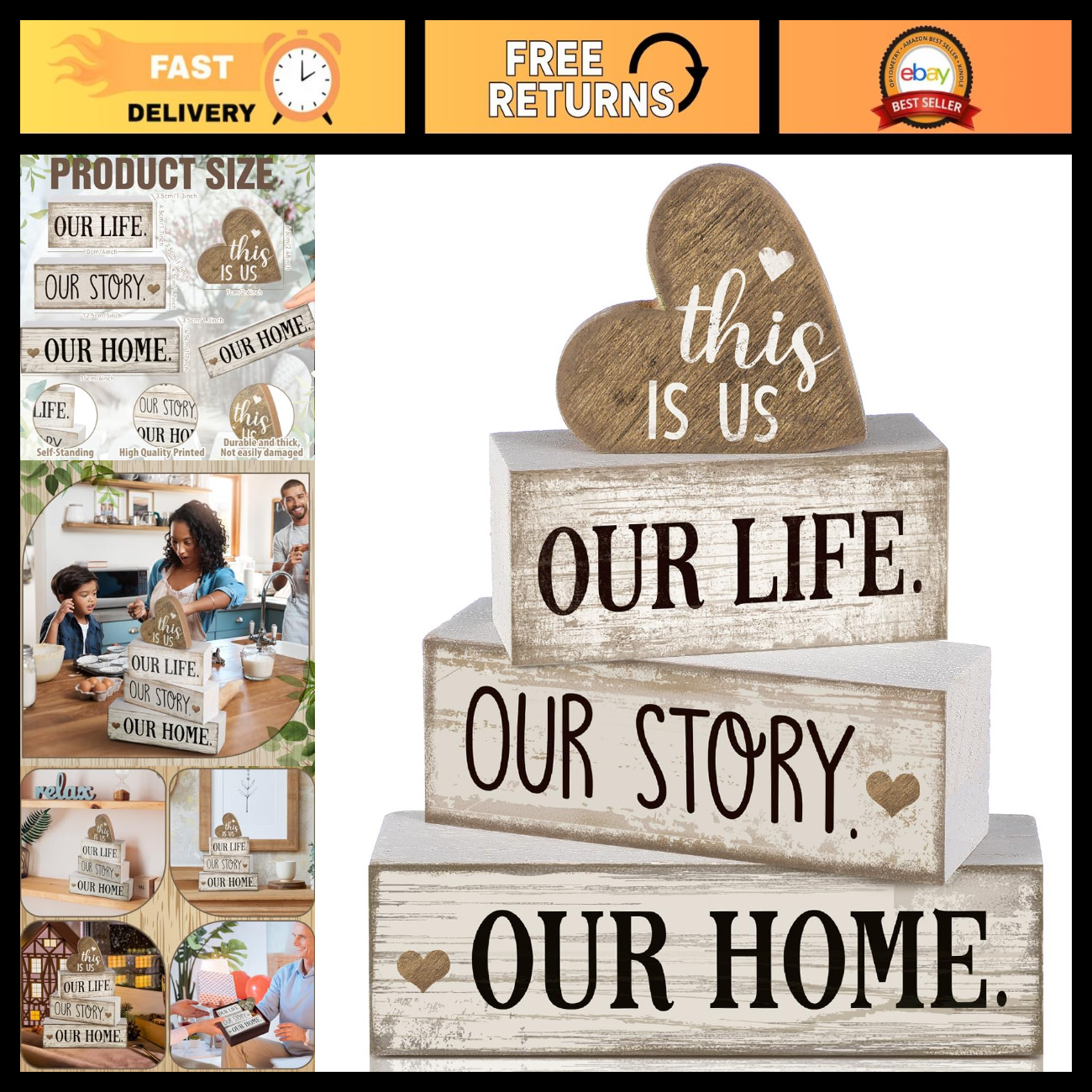4 Pcs Farmhouse Table Decor - Home Sweet Home Heart Accent, Rustic Charm
