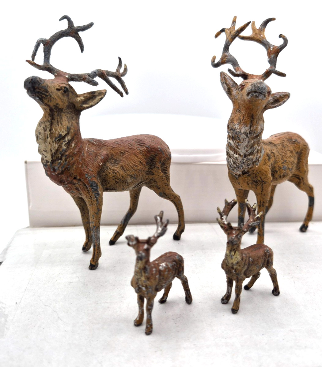 Antique 1930's Reindeer Metal Buck Deer Figurine Antlers Germany. Putz. Set 4