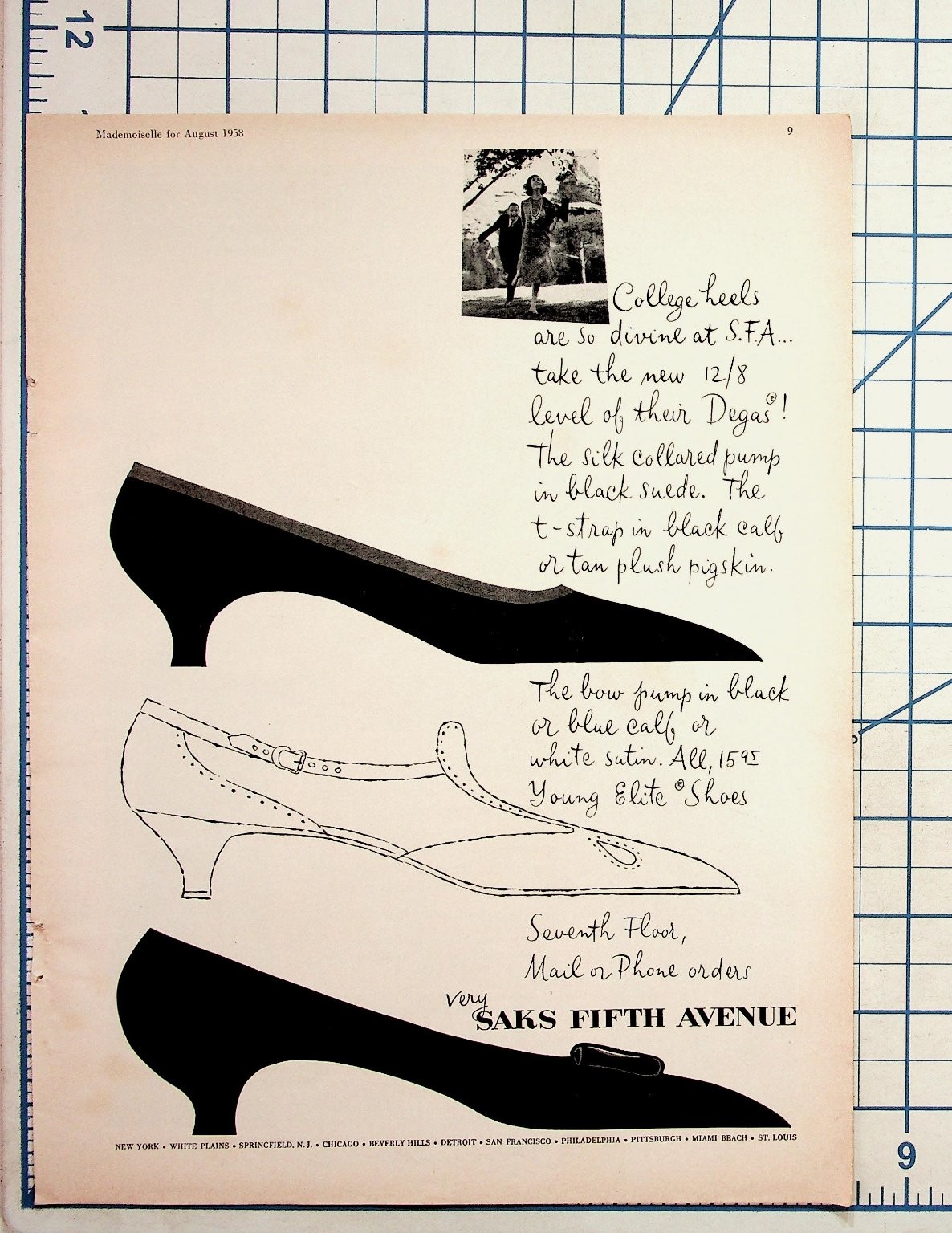 1958 Saks Fifth Avenue Shoes Ad Mademoiselle Magazine Vintage Print Fashion