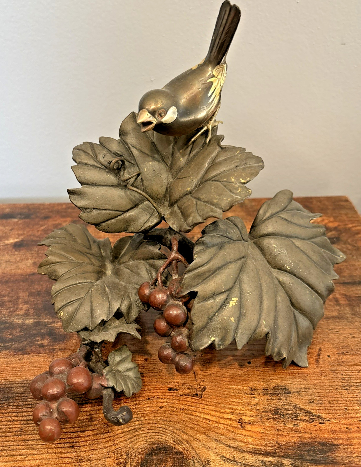 Vintage Bronze Bird on Grape Vine Leaves Antique Sculpture 8\