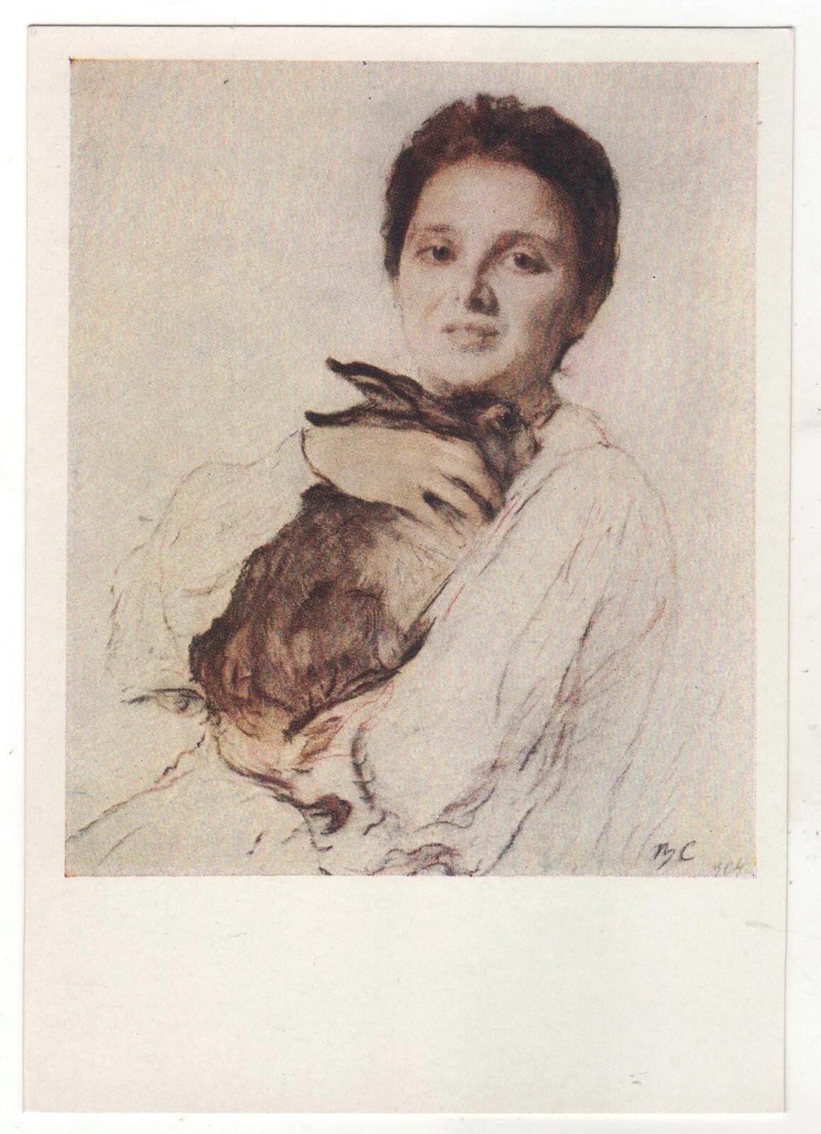 1959 Portrait of Cleopatra Obninskaya with a bunny ART Serov Russia POSTCARD OLD