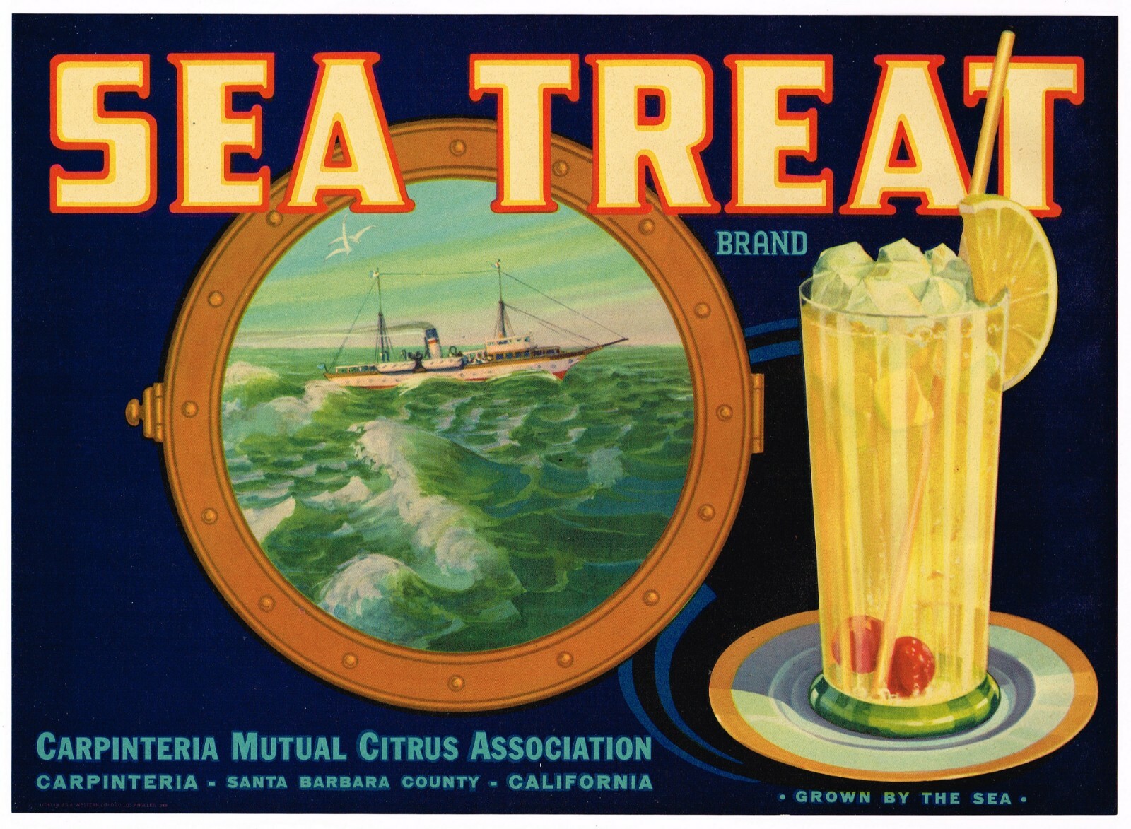 C1940S SEA TREAT LEMON CRATE LABEL VINTAGE CARPINTERIA YACHT SANTA BARBARA SHIP