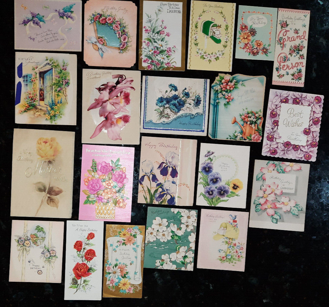 20 Vintage Floral Birthday Greeting Cards Lot Flowers Botanical Designs