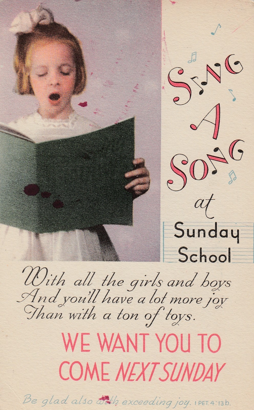 Vintage Postcard  Religion Sunday School Sing a Song Girl Unposted
