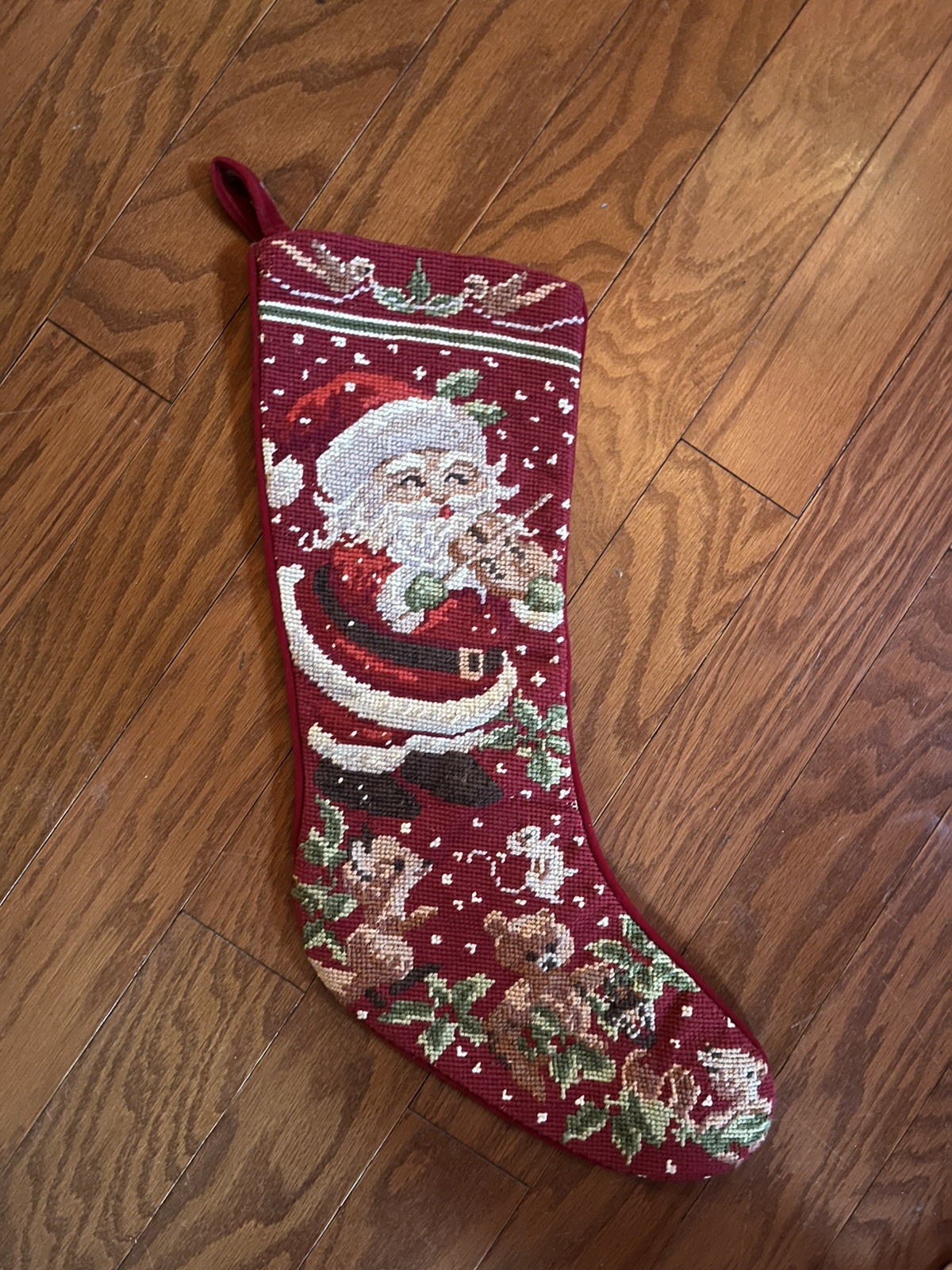 Vtg Needlepoint Santa Christmas Stocking Wool Blend Red Velvet 17”