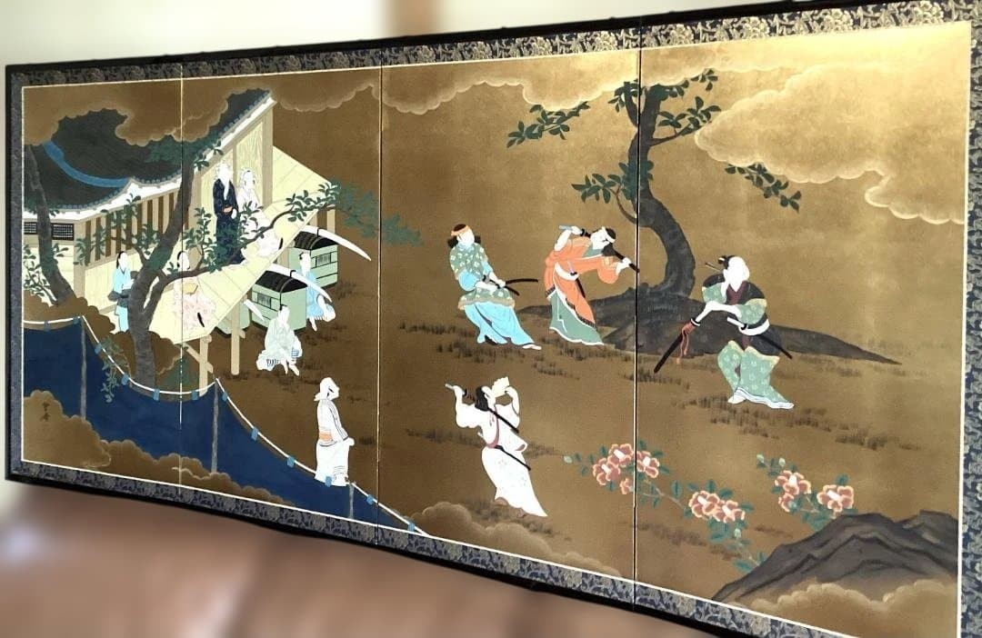 Japanese Byobu 4 Panel Gold Leaf Wall Hanging Screen Painting Sekko Kyoto Art