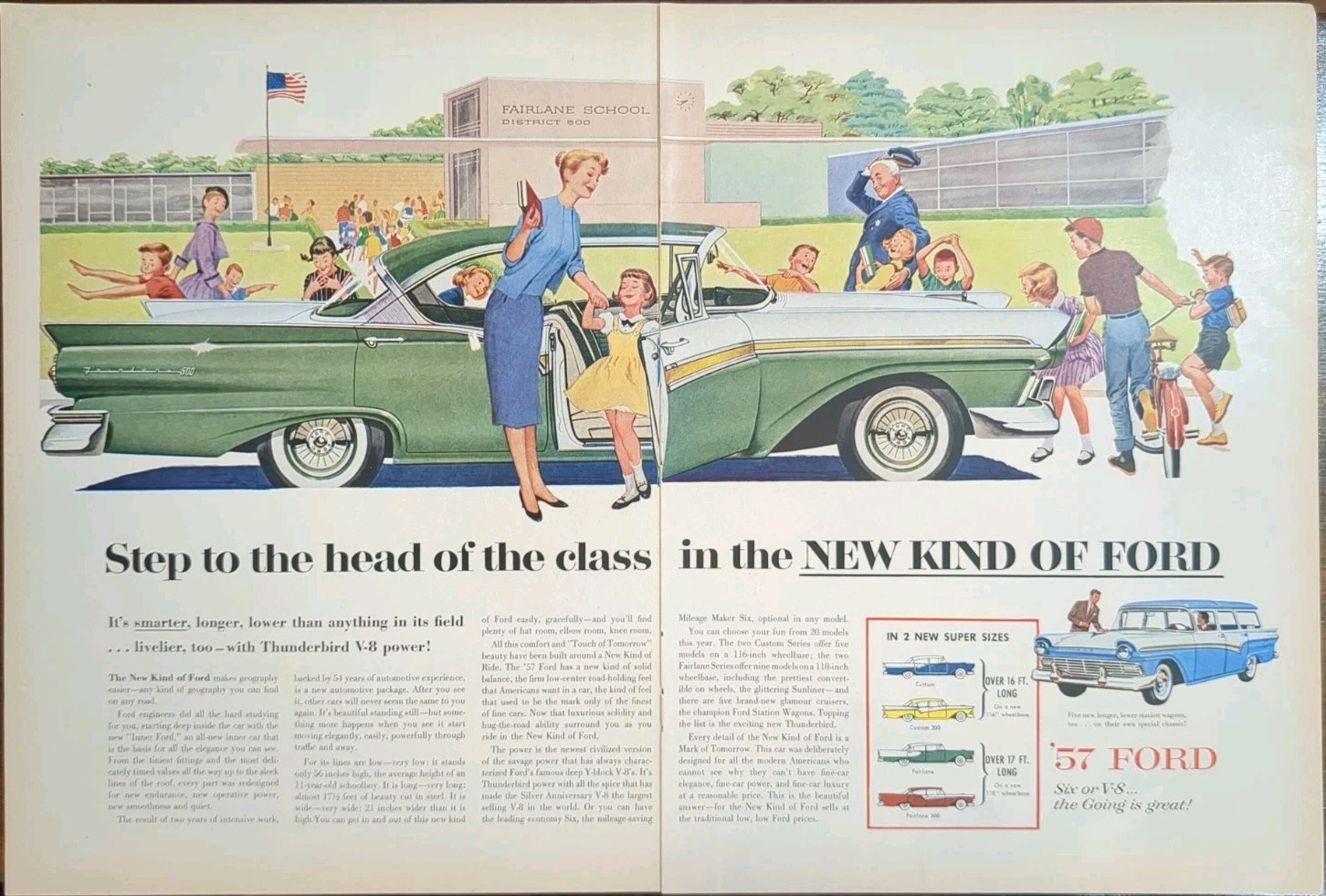 1957 vintage Ford V8 Thunderbird Picking Up The Kids At School Print Ad 