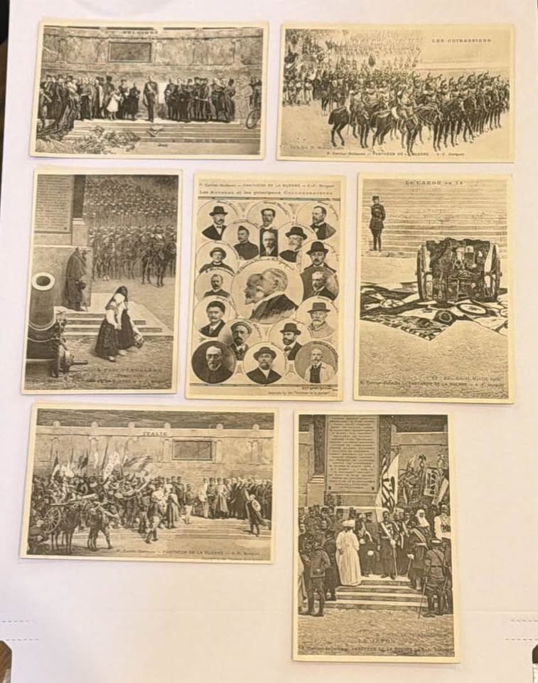 Pantheon de Le Guerre French postcards. 1920s. Lot of 8
