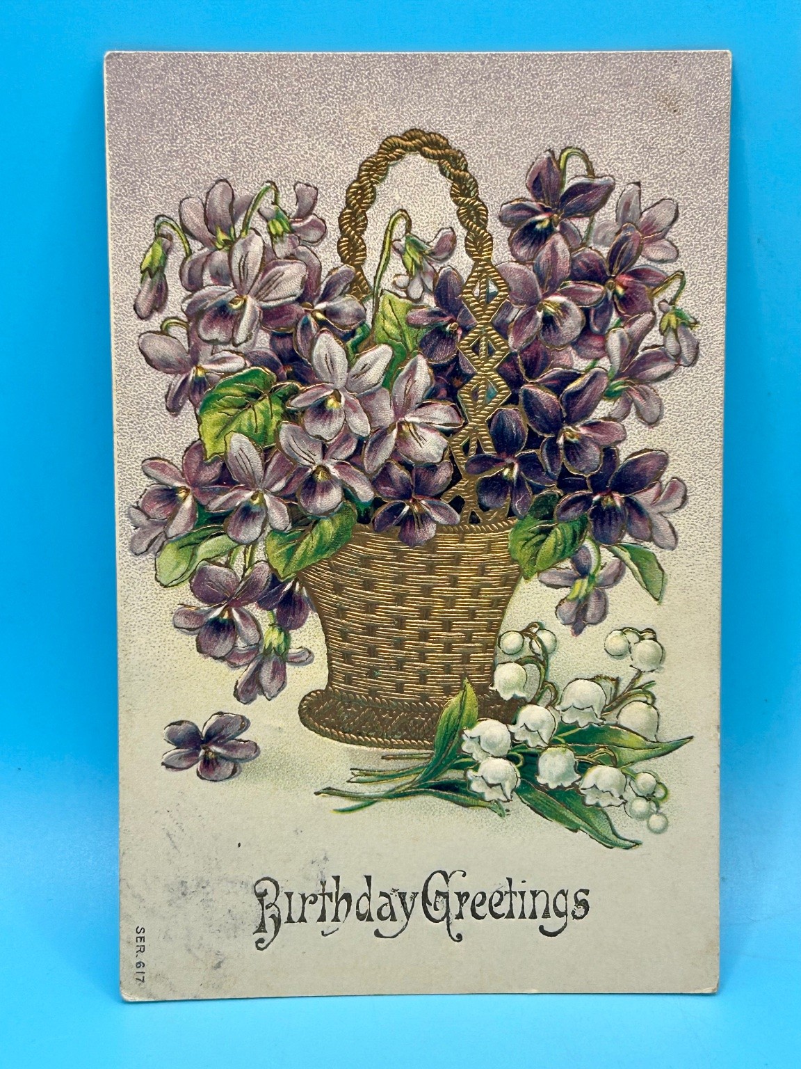 Antique 1913 Embossed Birthday Greetings Postcard Violets & Lily of the Valley