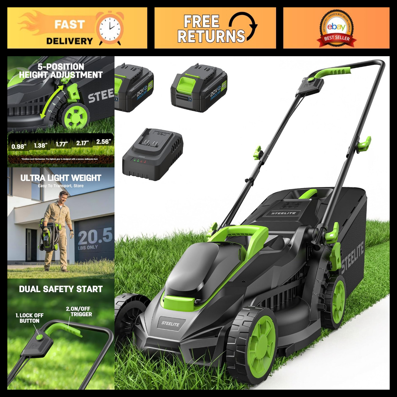 STEELITE Cordless Lawn Mower, 20V Battery Powered Lawn Mower 13 Inch with 2 x 4.