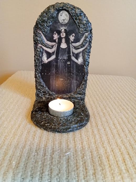 Triple Goddess Hecate votive candle holder full moon torches Wicca Pagan
