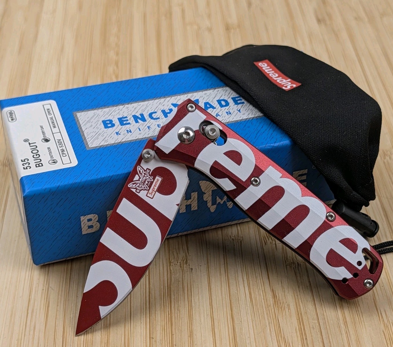 Benchmade 535 SUPREME BUGOUT Red & White Folding Pocket Knife w/ Belt Clip, NEW