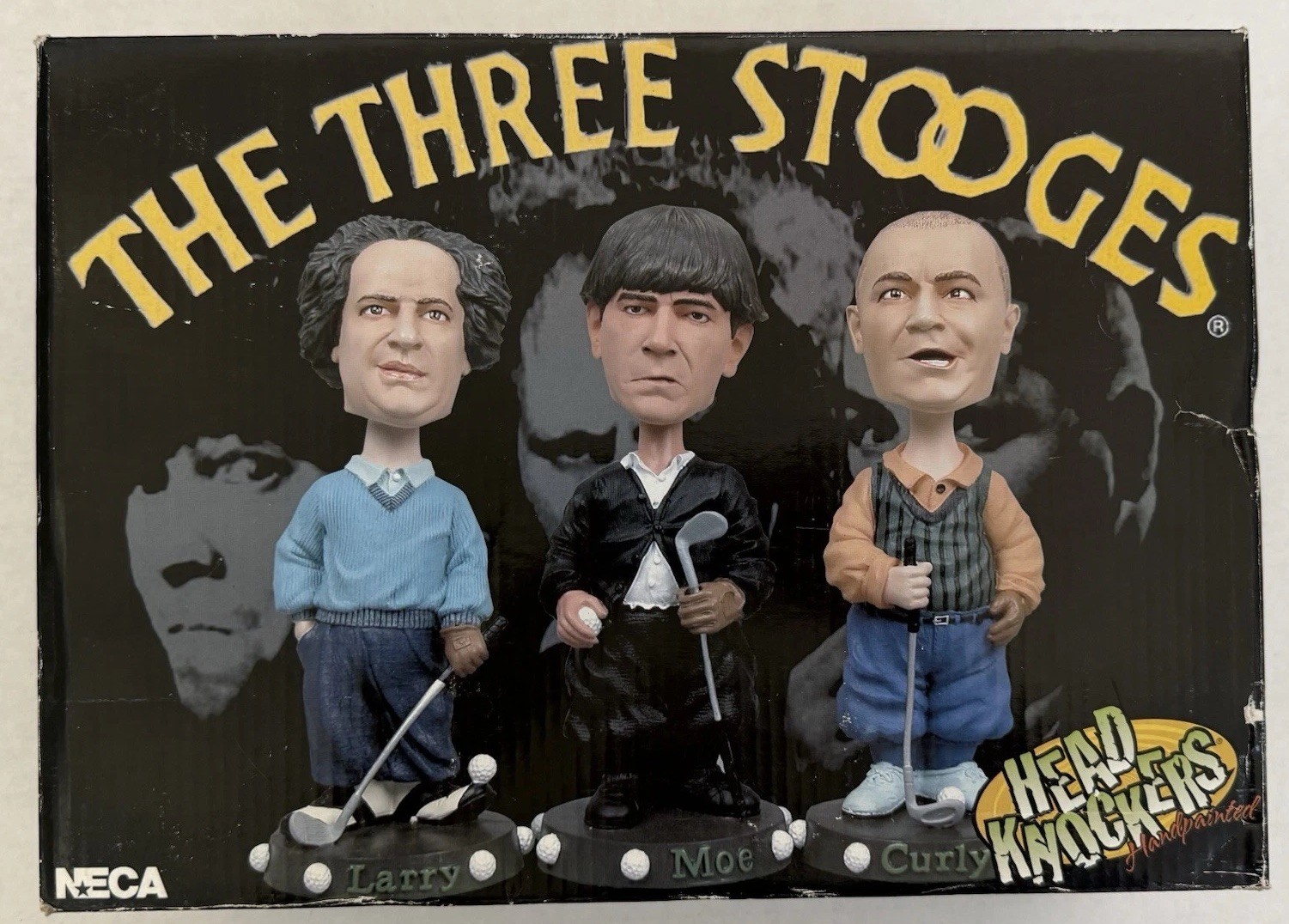 THREE STOOGES - Head Knockers Bobbleheads GOLF - Box Set NECA 2006 NEW