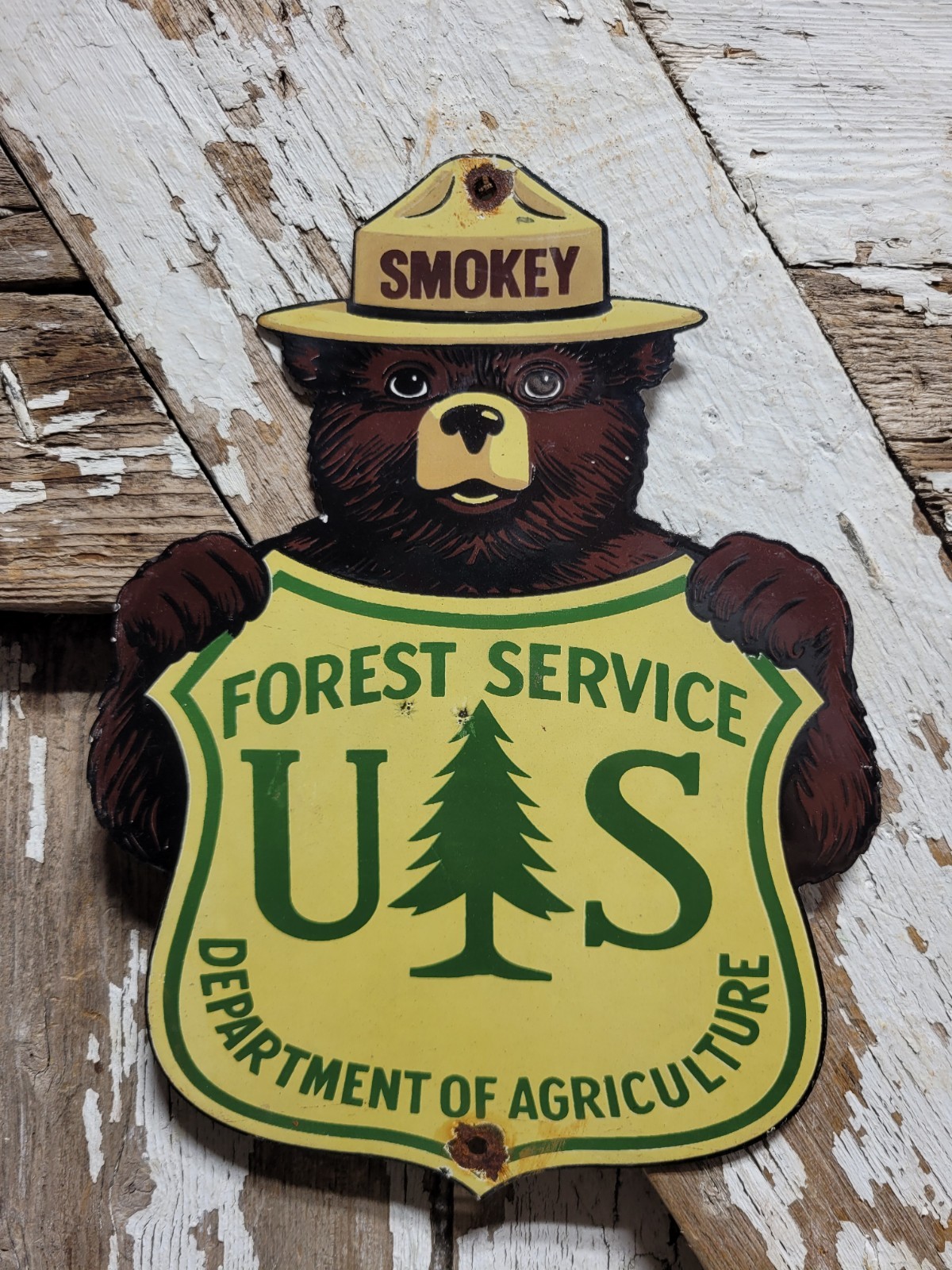 VINTAGE SMOKEY BEAR PORCELAIN SIGN RARE OLD FOREST SERVICE NATIONAL PARK DIECUT 