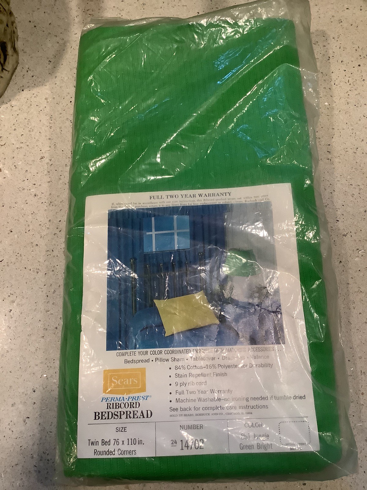 New In Package 1970’s SEARS TWIN Size Ribcord Bedspread , “Jungle Green”
