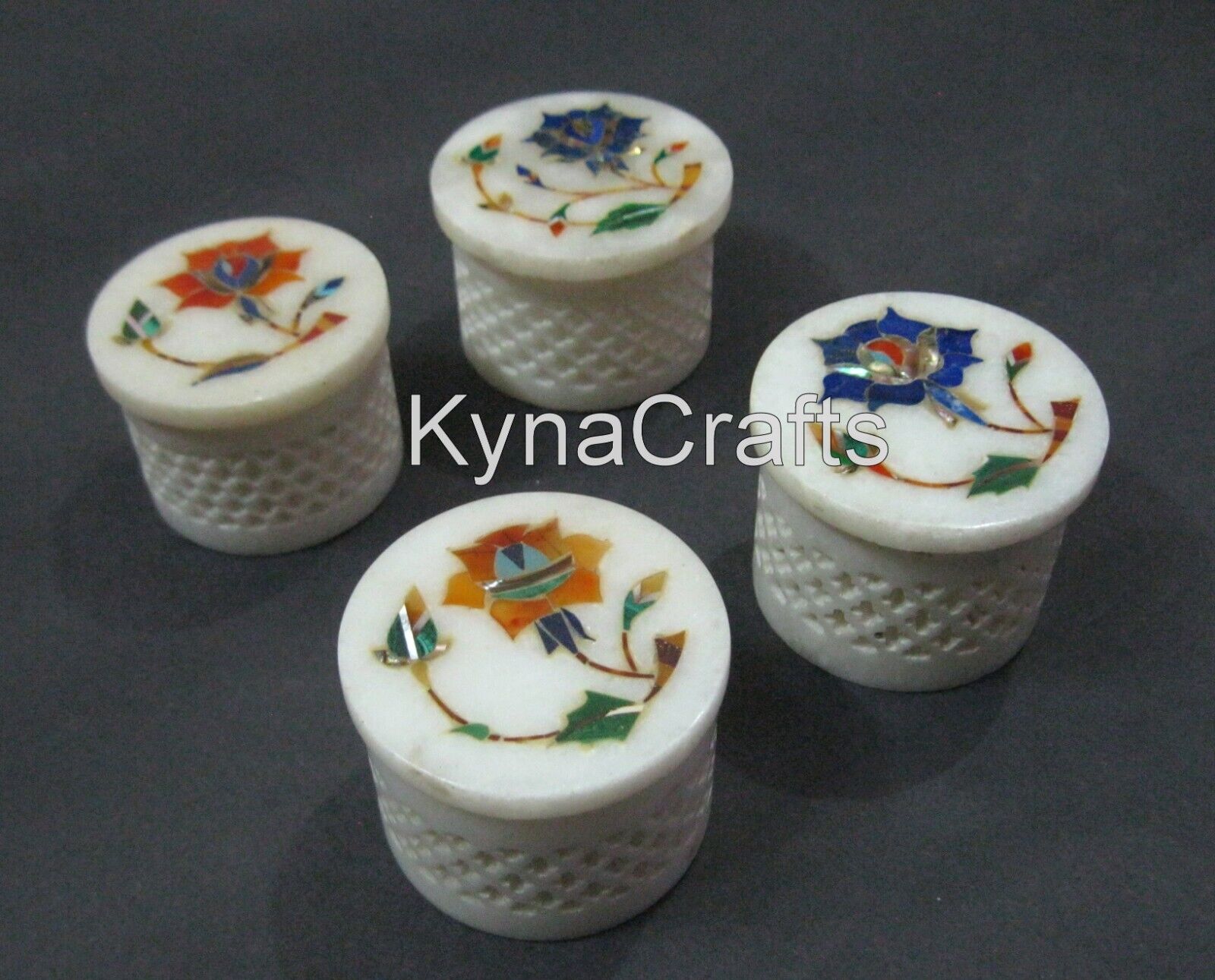 2.5 Inches Marble Hair Pin Box Hand Carving Work Jewelry Box Set of 4 Pieces