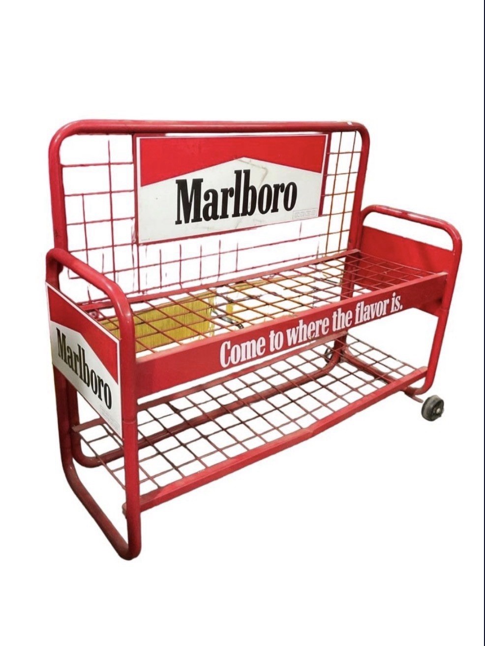 Vintage Marlboro Rolling Metal Wheeled Shelving Cart Tobacco Advertising