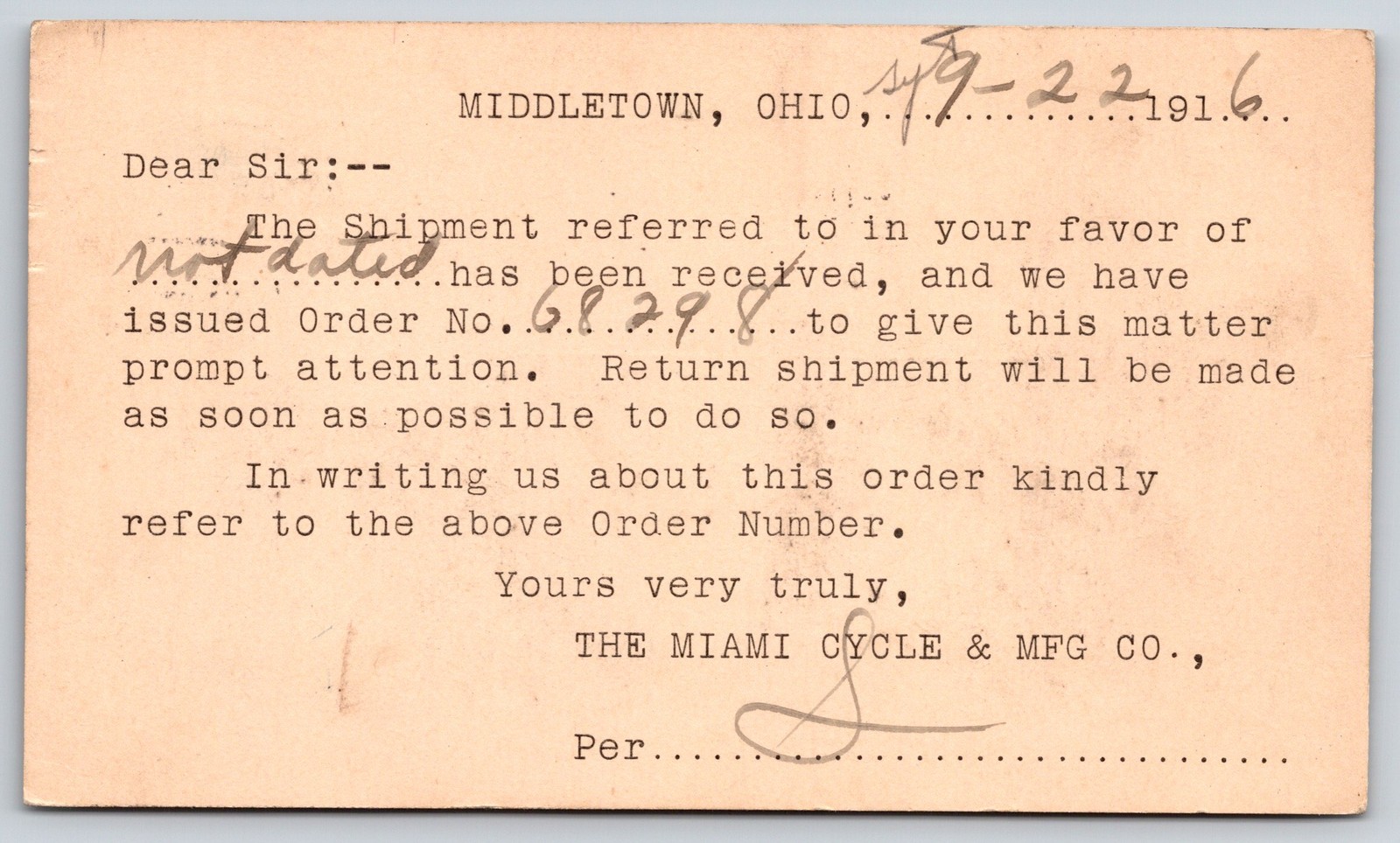 Middletown Ohio~Miami Cycle Mfg Co Shipment~Flying Merkel Motorcycle~1916 Postal Middletown Ohio~Miami Cycle Mfg Co Shipment~Flying Merkel Motorcycle~1916 Postal