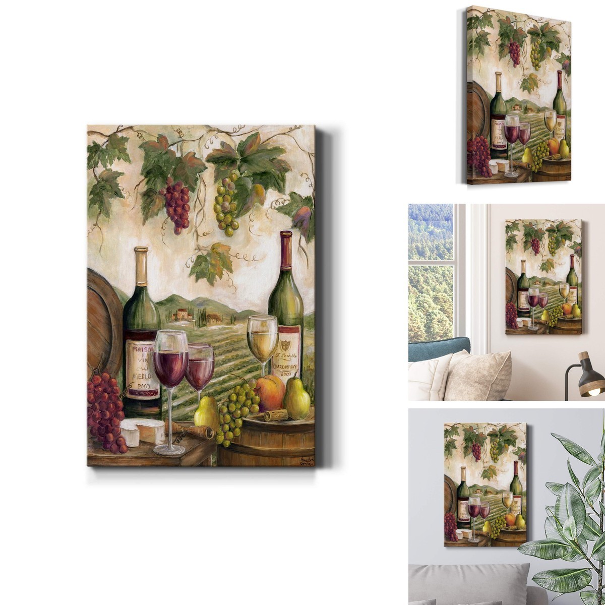 Renditions Gallery Vineyard Art, Red & White Wine, Cheese & Grapes, 18x27 in