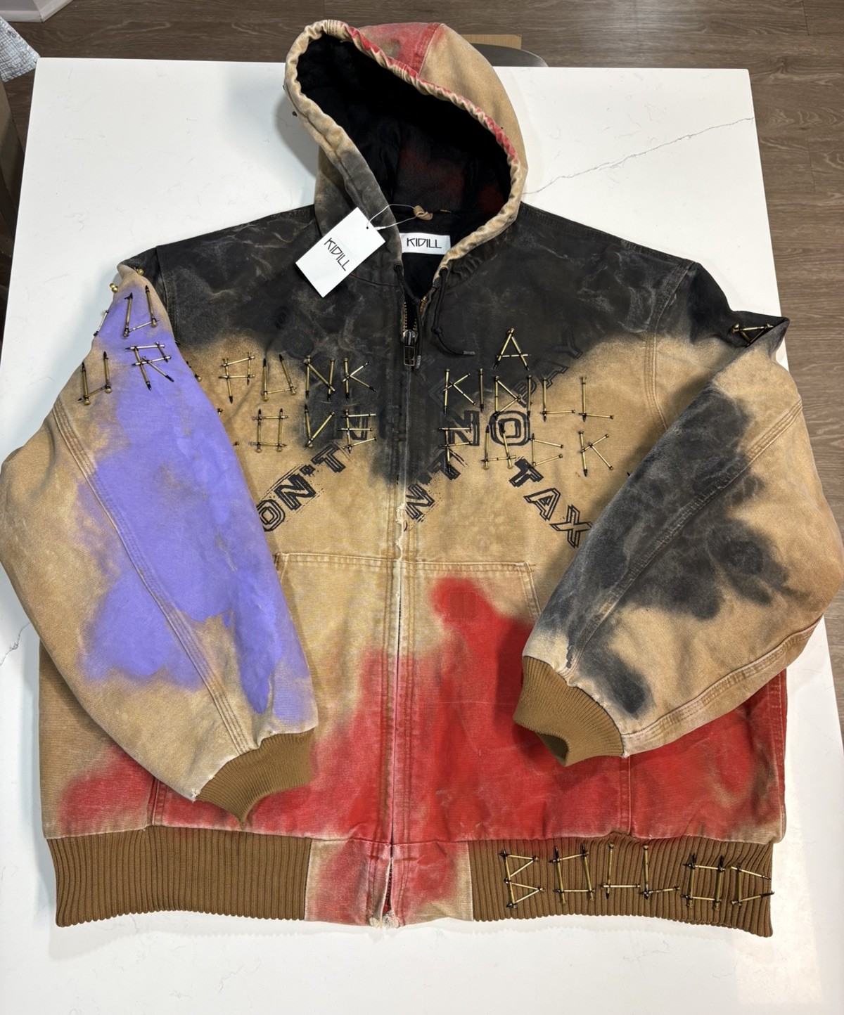 KIDILL x Carhartt Hooded Active Jacket Punk Studded Painted Distressed Japan  