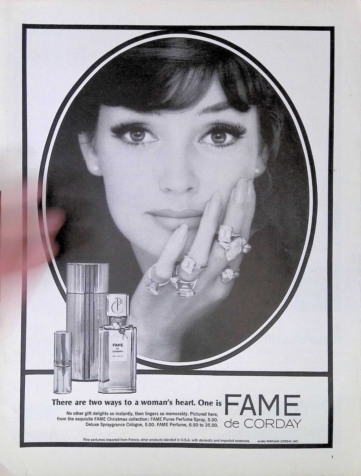 Print Ad 1963 Parfums De Corday Fame Beautiful Woman Eyes Rings Christmas Gifts