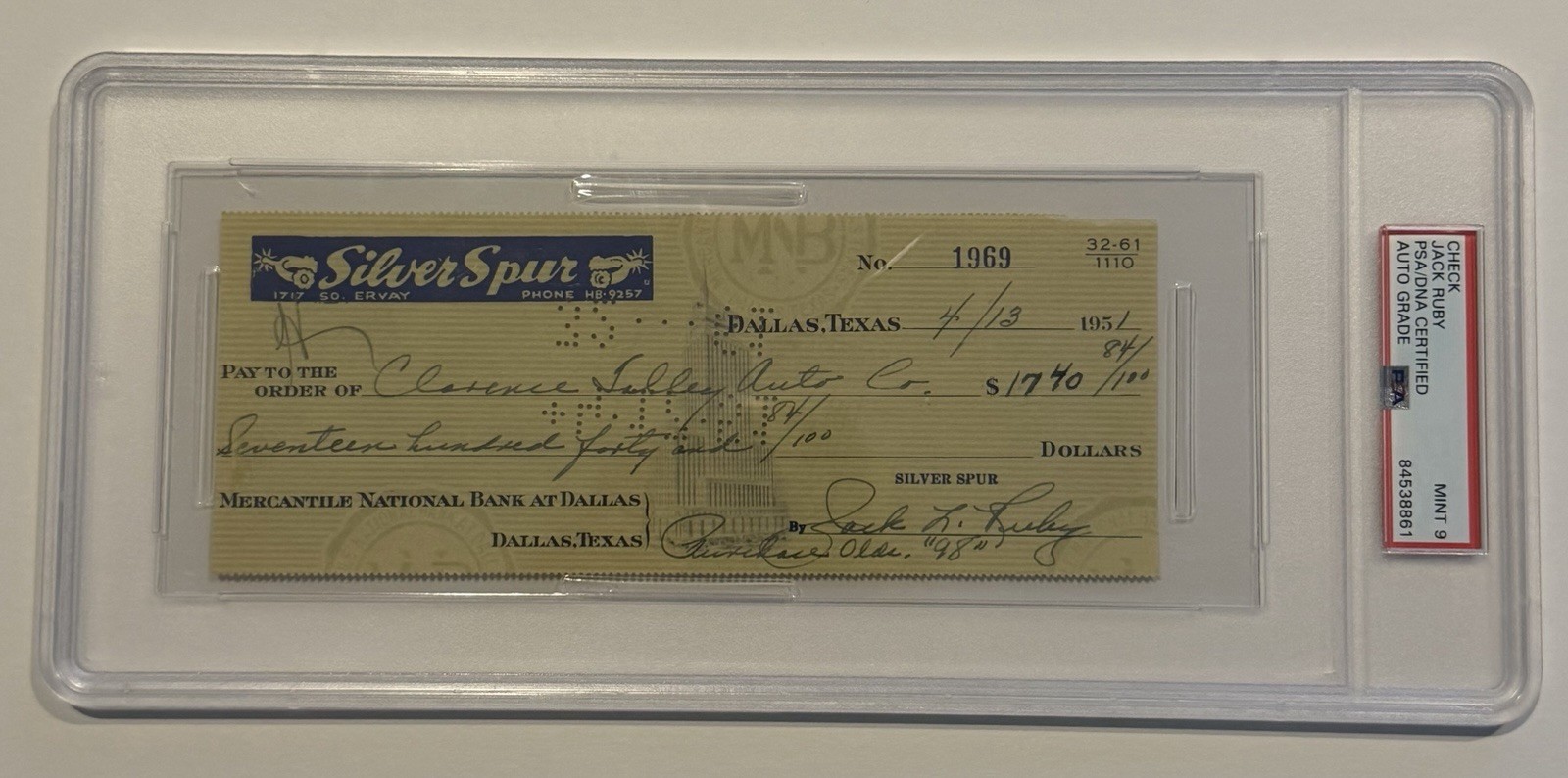 Jack Ruby 1951 Signed Bank Check - Silver Spur - Ruby Buys A Car - PSA Slabbed