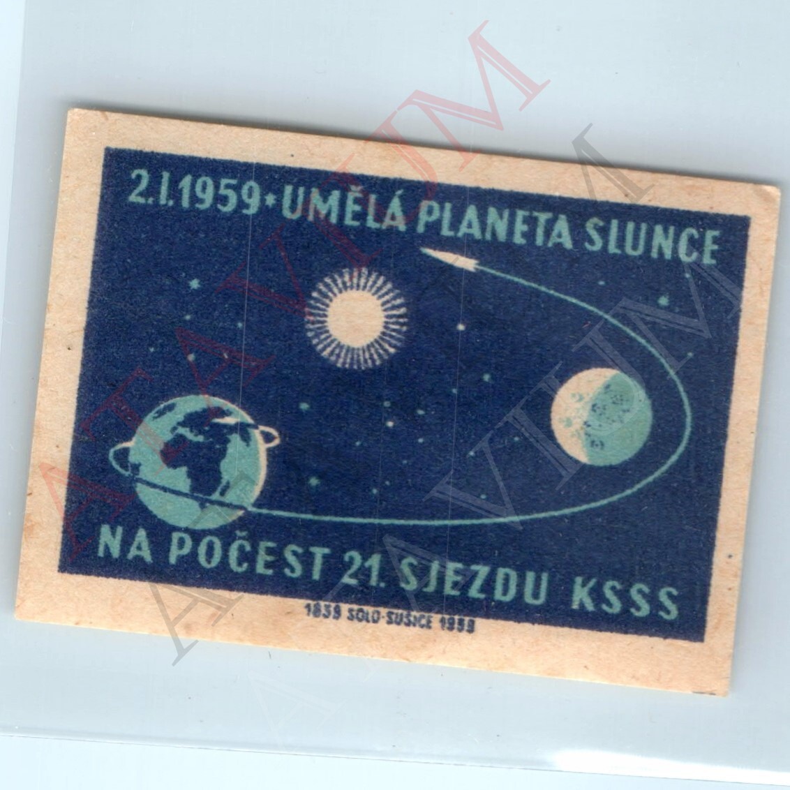 Vtg 1959 Czech Matchbox Label Space Sputnik Orbit Sun Earth Moon KSSS Communist