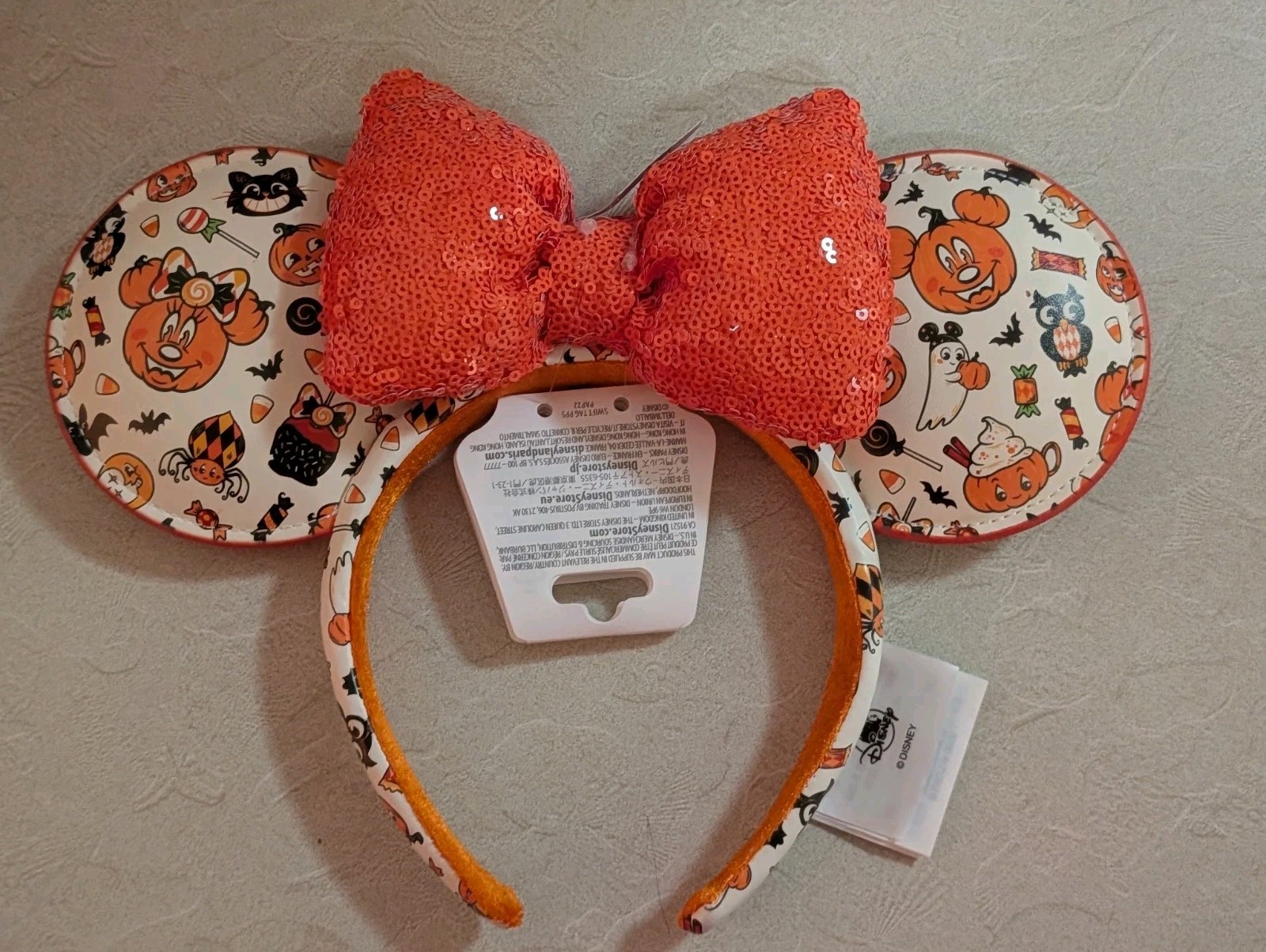 Disney Parks Halloween 2026 White w Orange Sequin Bow Minnie Ears Headband New