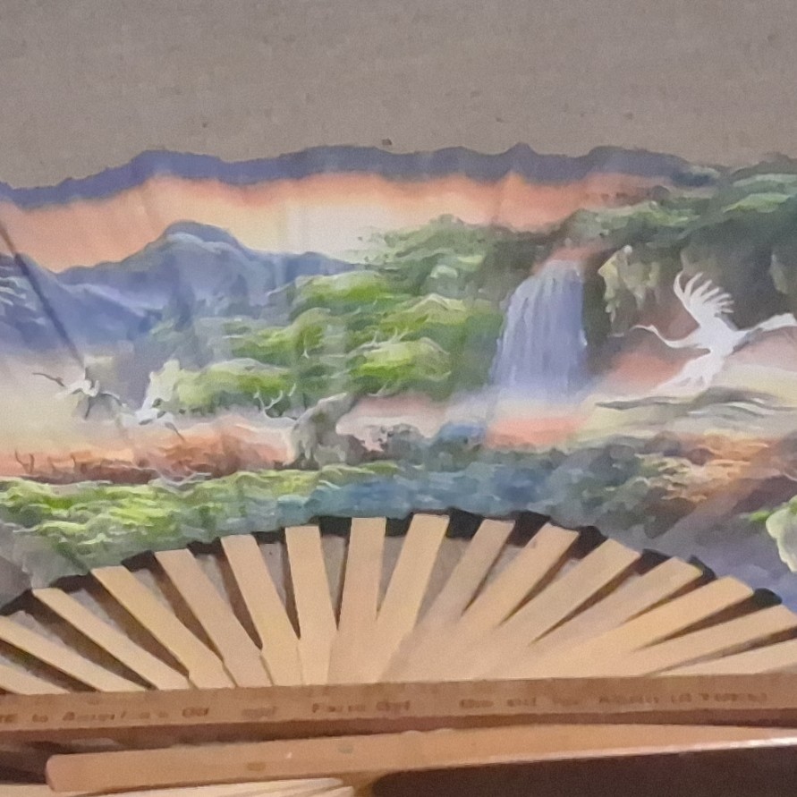 Vintage Large Oriental Asian Folding Wall Fan Decor Hand Painted 62 x 35 inches