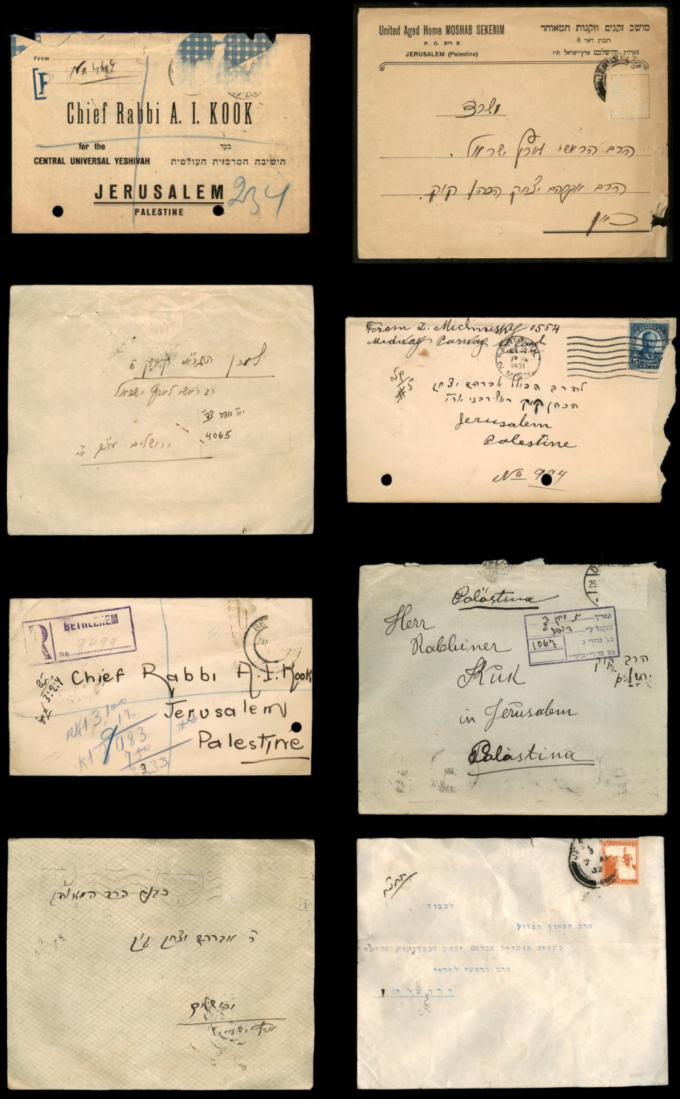 1930s Chief Rabbi A. I. Kook Palestine Mandate - Lot of 8 Covers & Postcards
