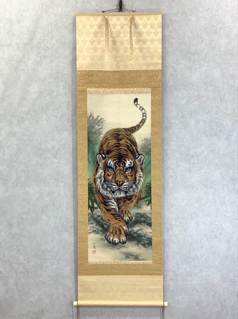 Japanese Hanging Scroll Kazunari Tiger Zodiac Sign Antique Art 53cm x 183cm