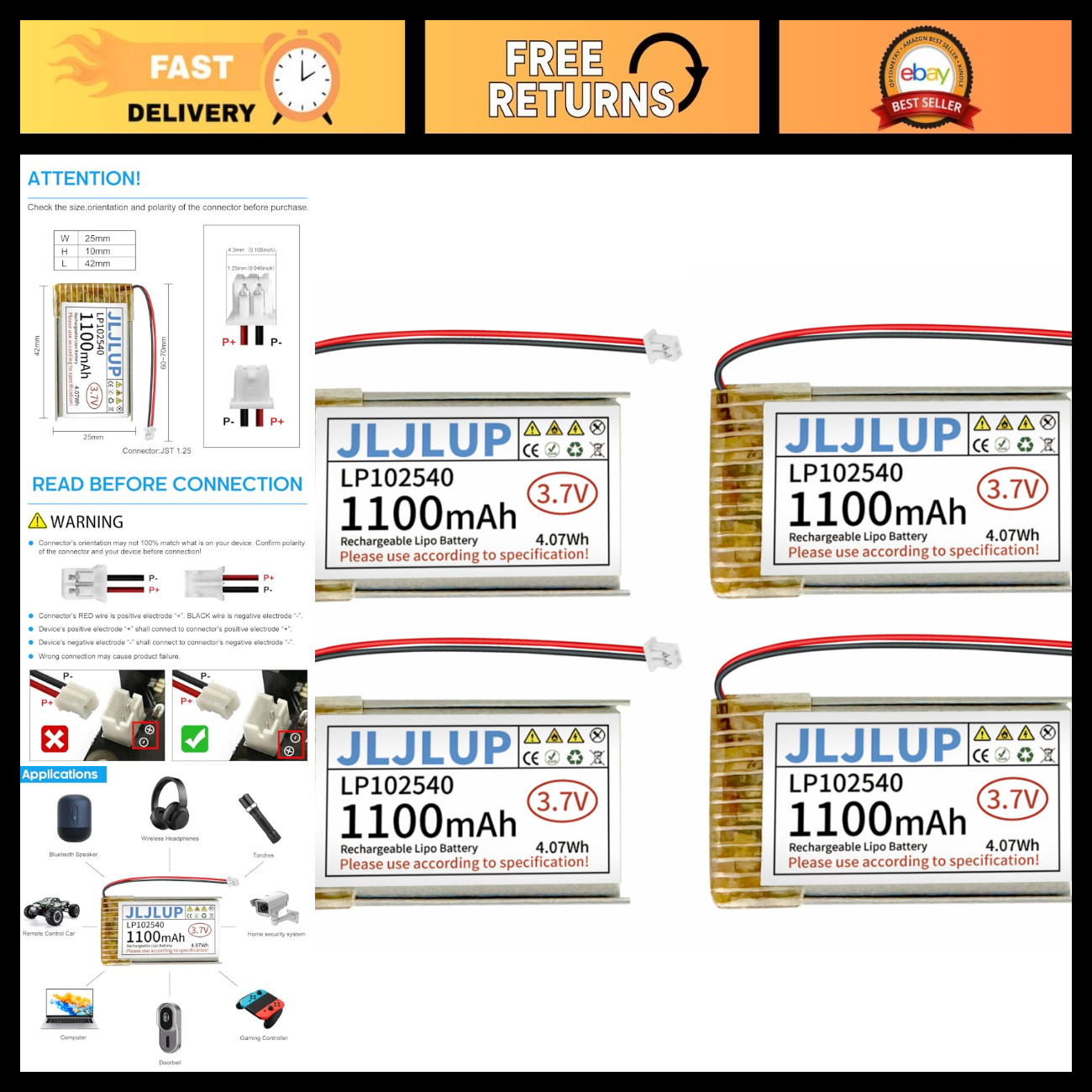 4pcs 3.7V 1100mAh Lithium Polymer Battery 1S LiPo Rechargeable Battery with Prot