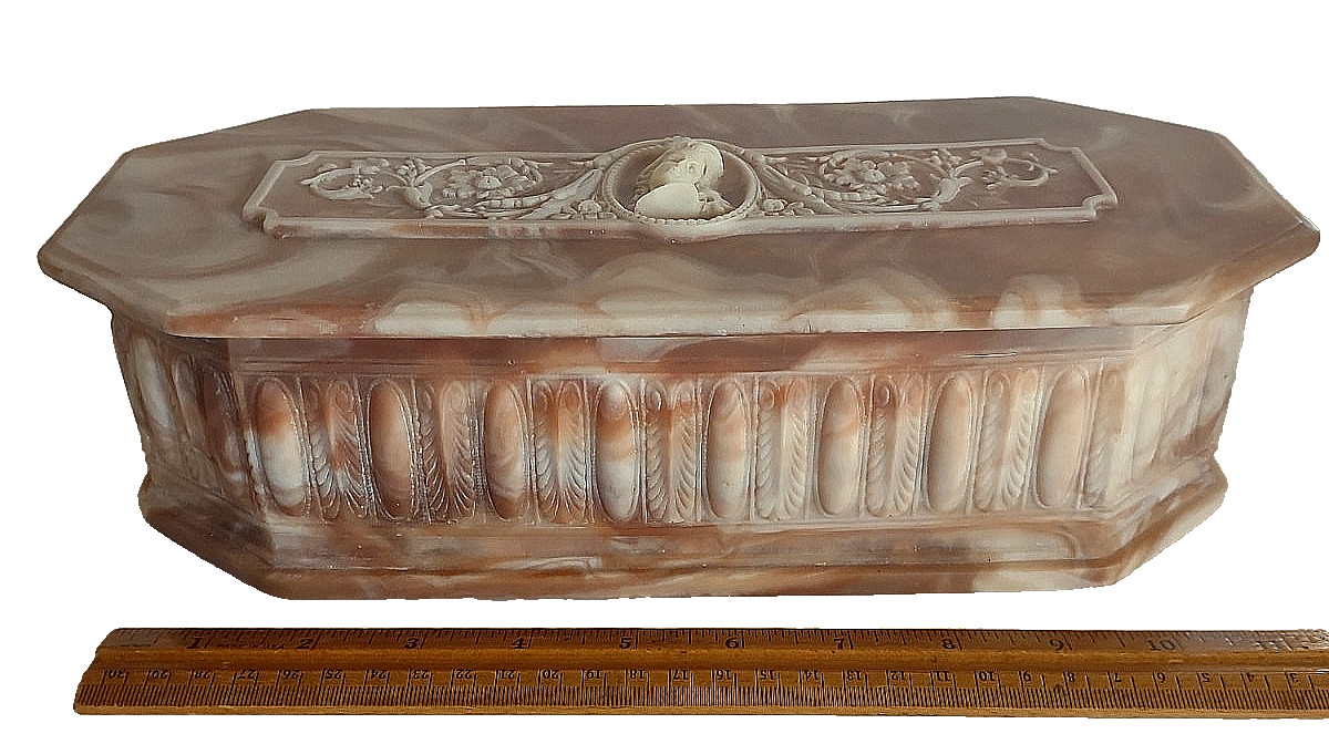 Vintage Handcrafted Pink Incolay Stone Hinged Lid Cameo Top Trinket Jewelry Box