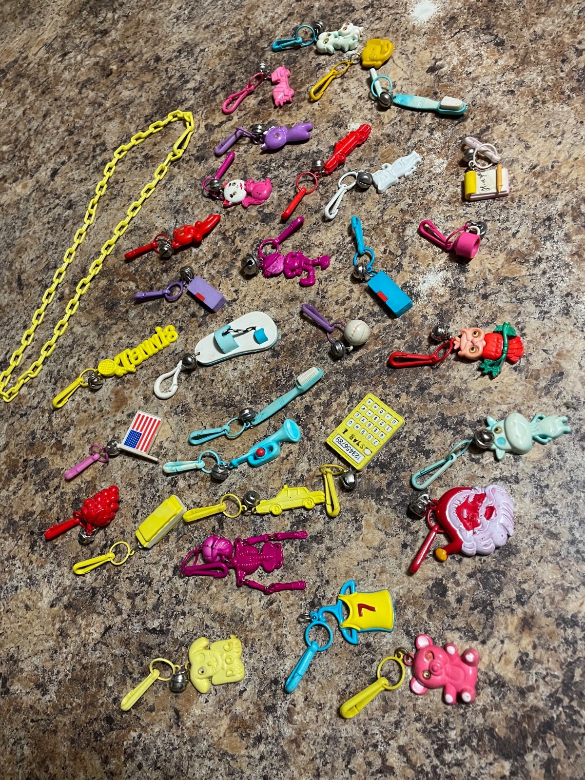 Vintage 1980's plastic clip on bell charm Necklace Lot