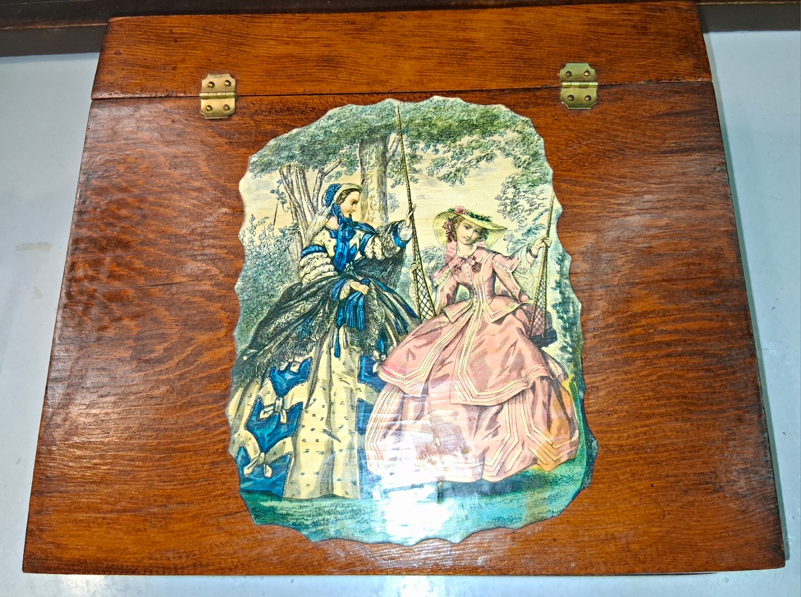 Wooden Rectangular Hinged Lidded Trinket Box, Stained Vintage Ladies Art