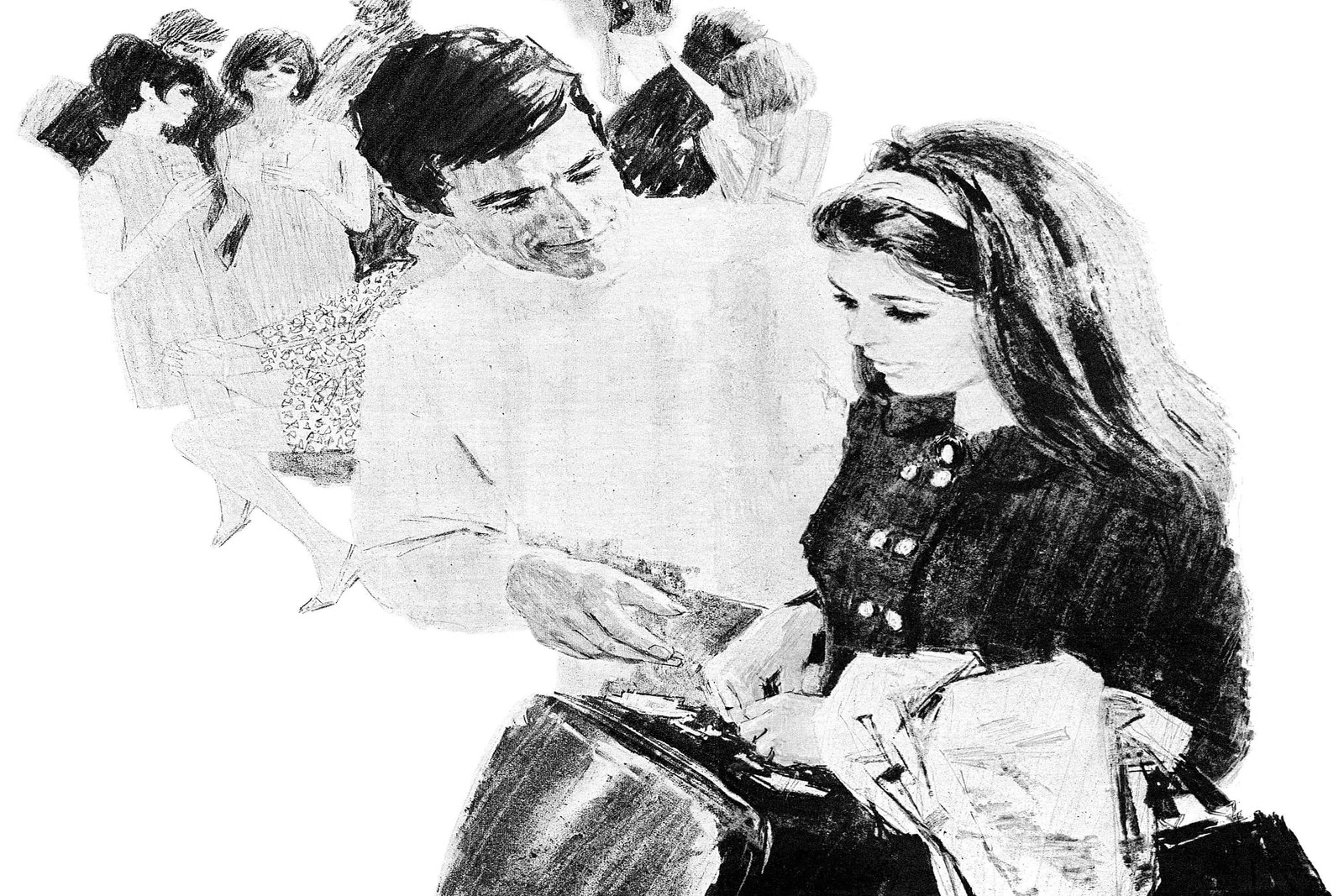 Victorian Romance Charcoal Sketch Couple Portrait 36x24\