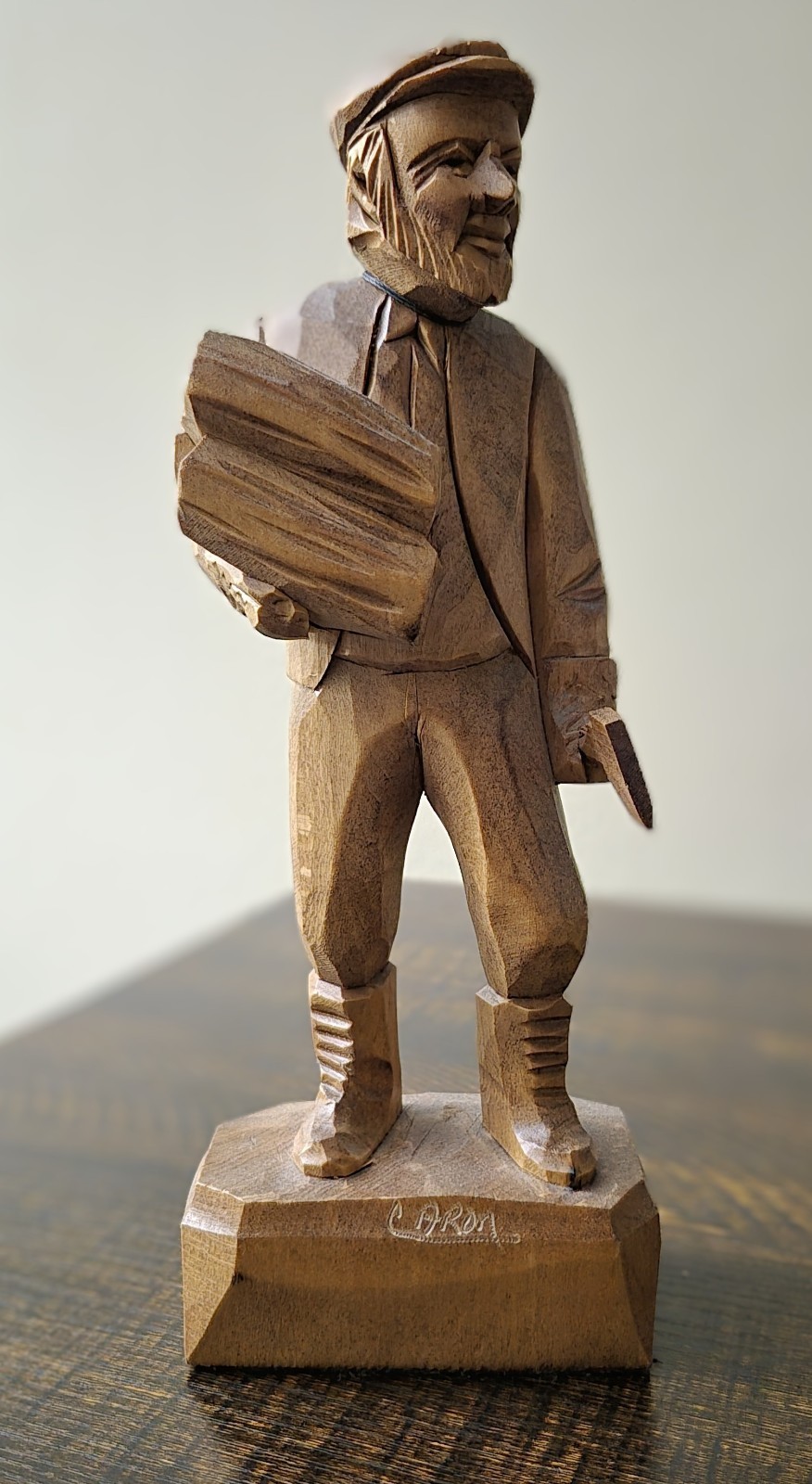 Vintage Caron Quebec Folk Art Wood Carving - Lumberjack with Logs & Axe - Signed