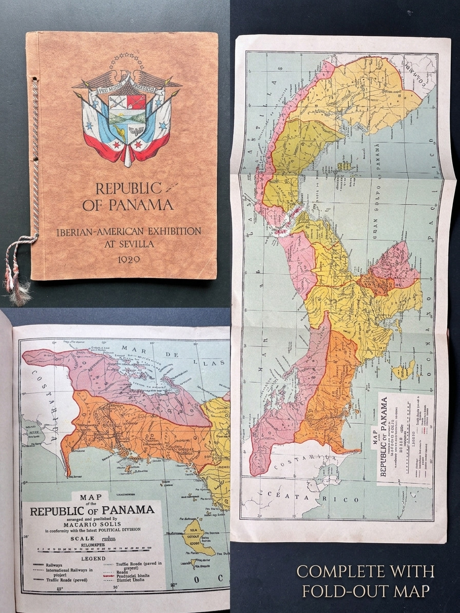 RARE 1929 Panama Booklet COMPLETE with Huge Fold-out Color Map Sevilla Expo