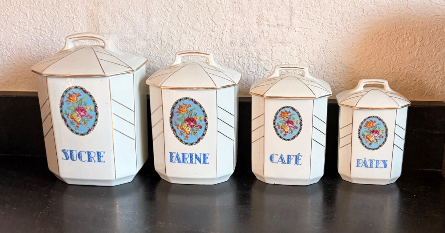VINTAGE SET 4 CERAMIC FRENCH ART DECO STYLE CANISTERS CAFE SUCRE FARINE  PATES