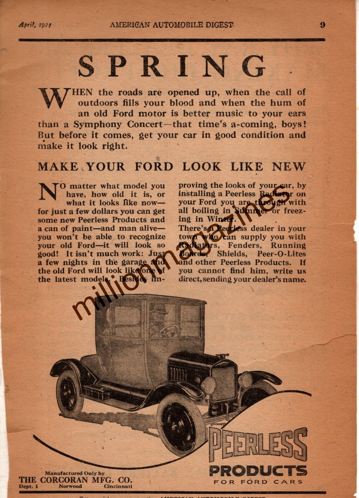 1924 Ford Model T Original ad for Peerless body parts and radiator - Cincinnati