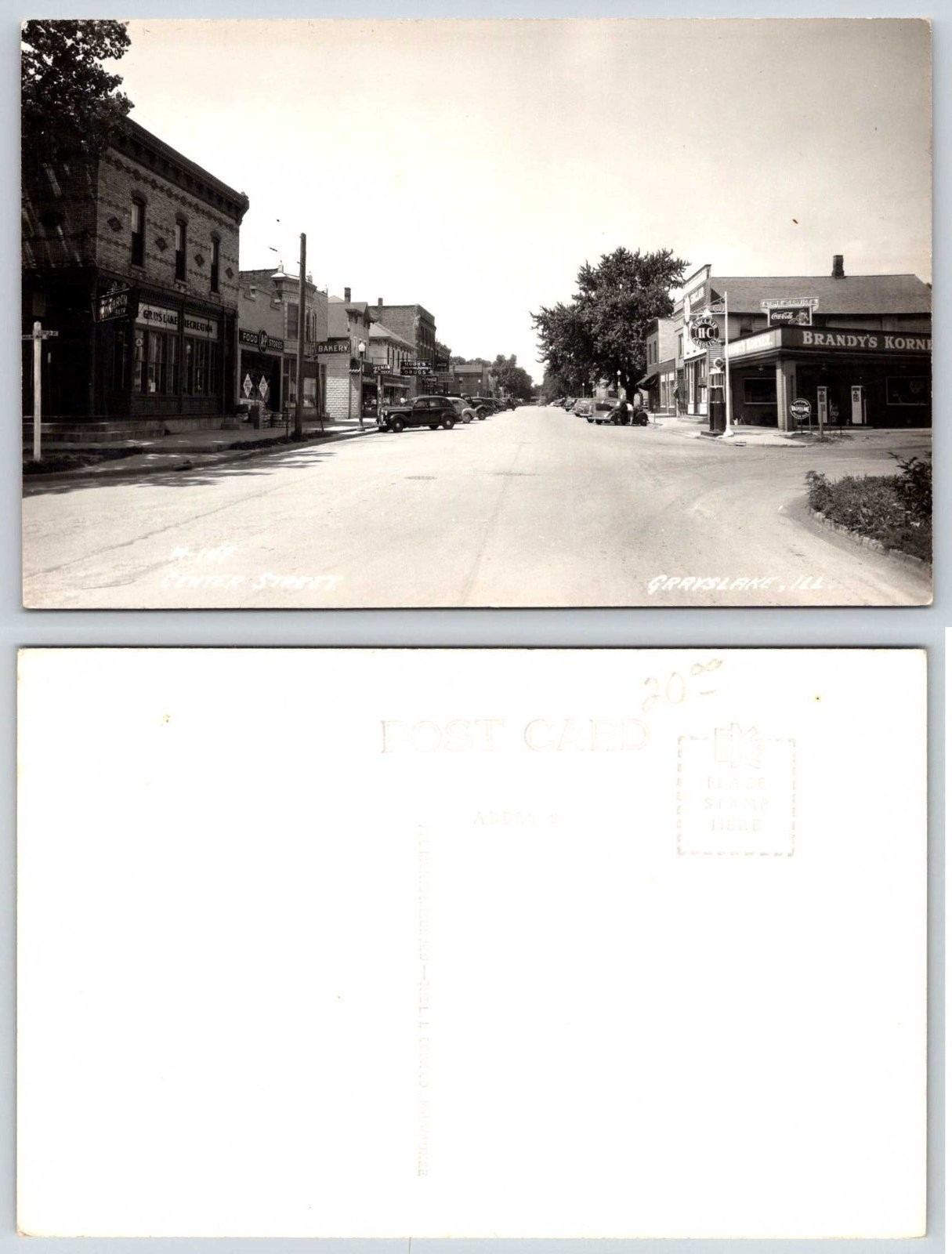 Grayslake Illinois Center St Sinclair Gas Pumps Coca Cola A&P RPPC Postcard BE5