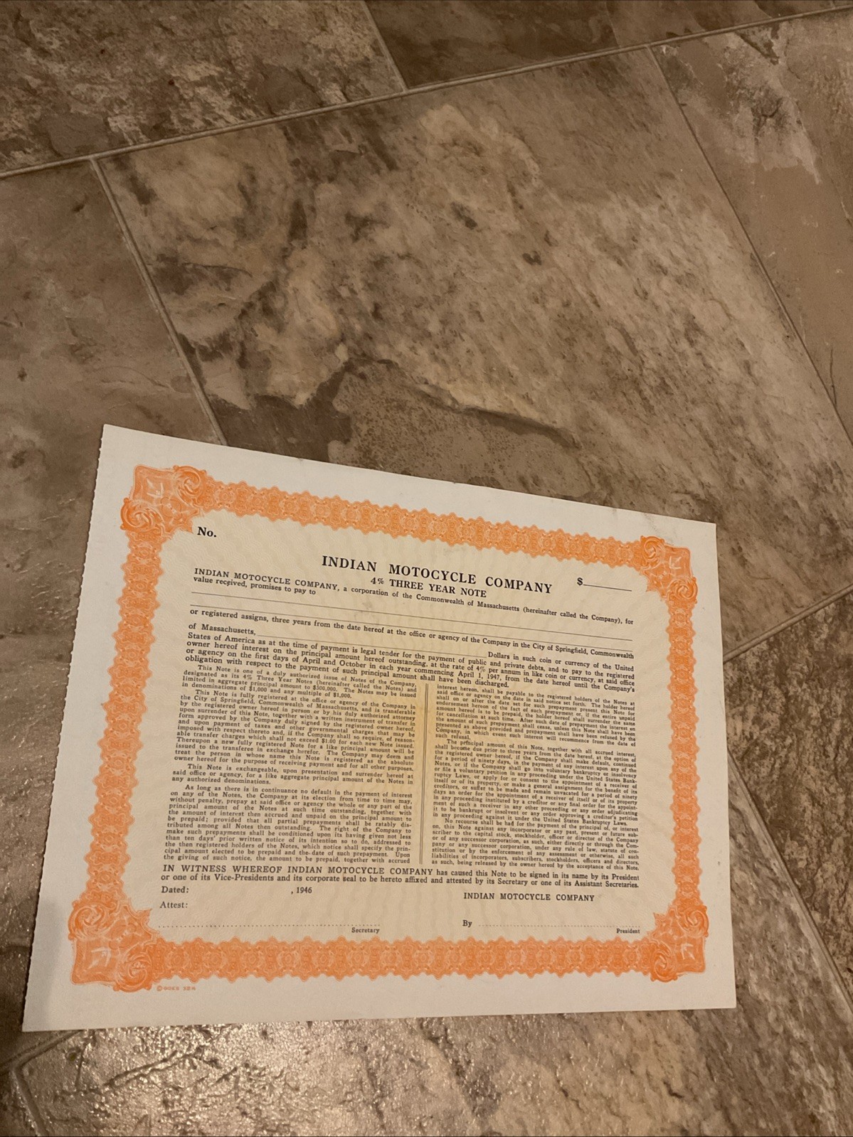 Vintage Antique Original Indian Motocycle Co Three Year Note Paper Motorcycle Vintage Antique Original Indian Motocycle Co Three Year Note Paper Motorcycle