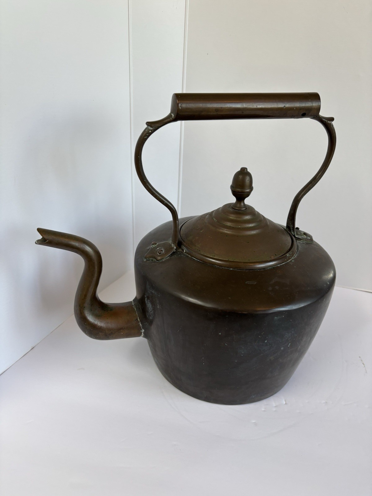 Antique Copper Goosè Neck Spout Tea Kettle Dove Tailed Seams W/Acorn Finial