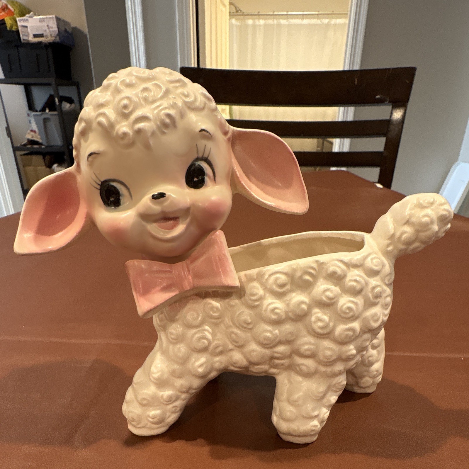 Vintage Nippon Yoko Boeki Japan Lamb Planter Pink Bow Big Eyes Ceramic 7”