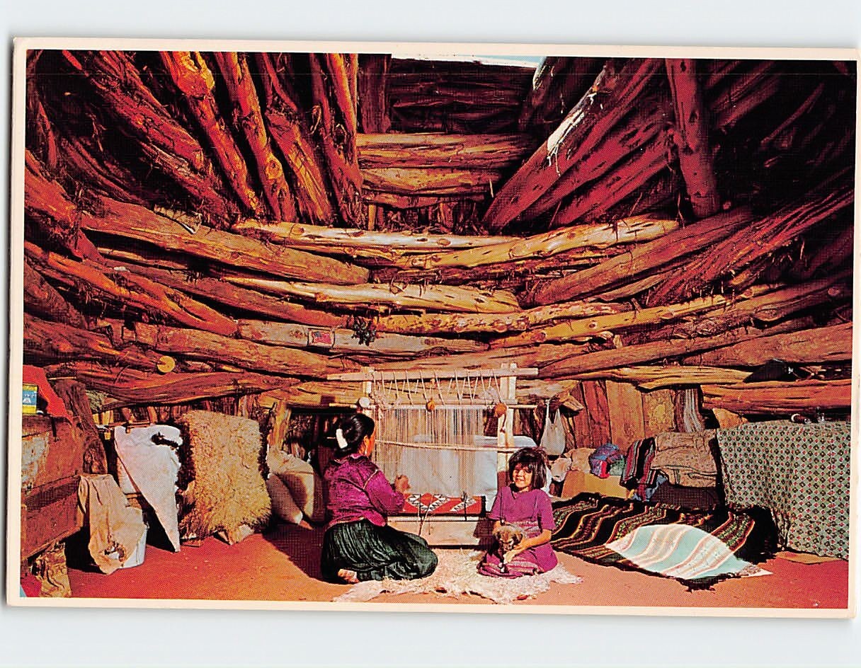 Postcard Inside their Primitive Circular Hogan Monument Valley Arizona USA