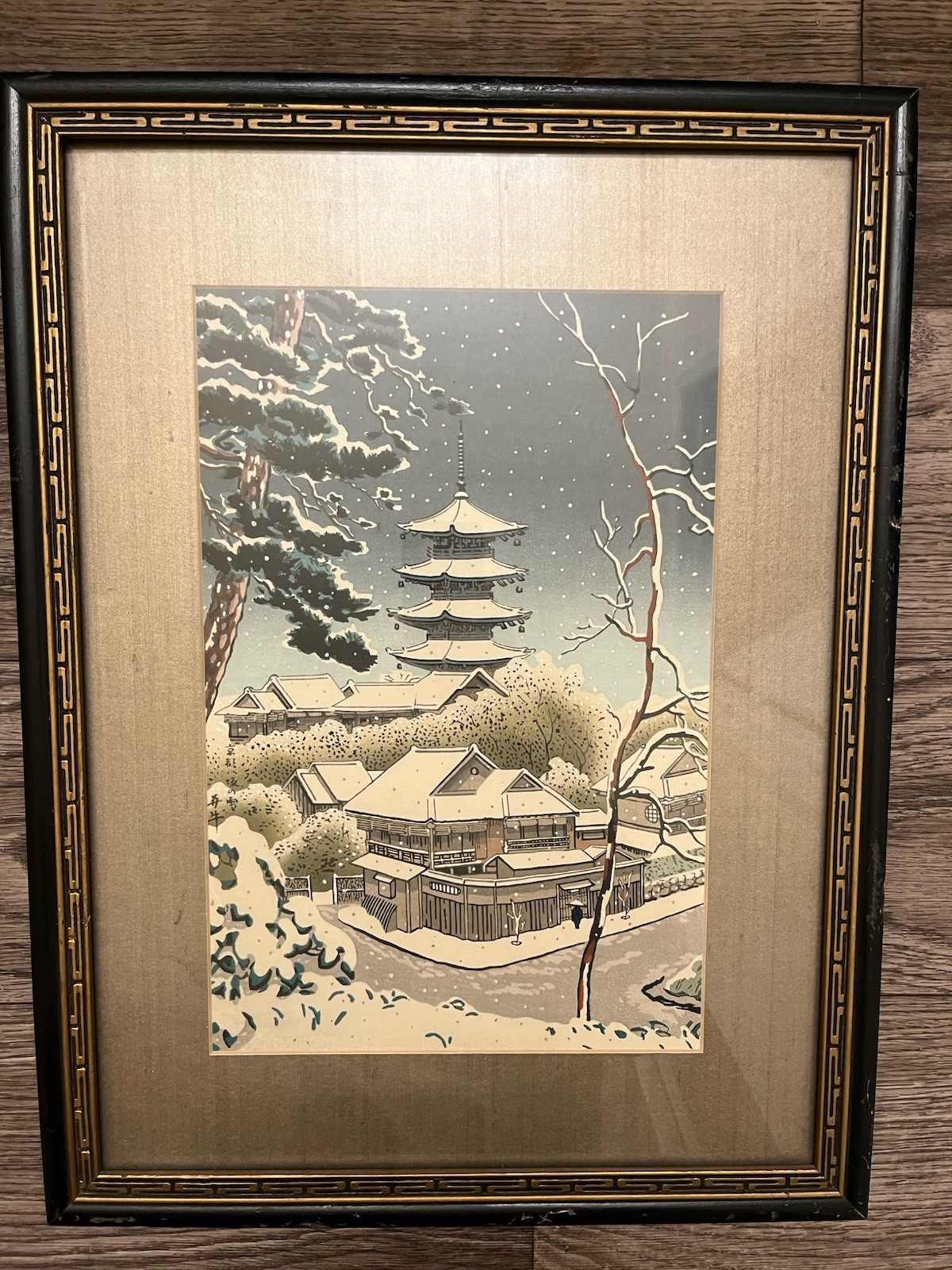 Japanese Woodblock Print Framed Yasaka in Winter Snow Benji Asada