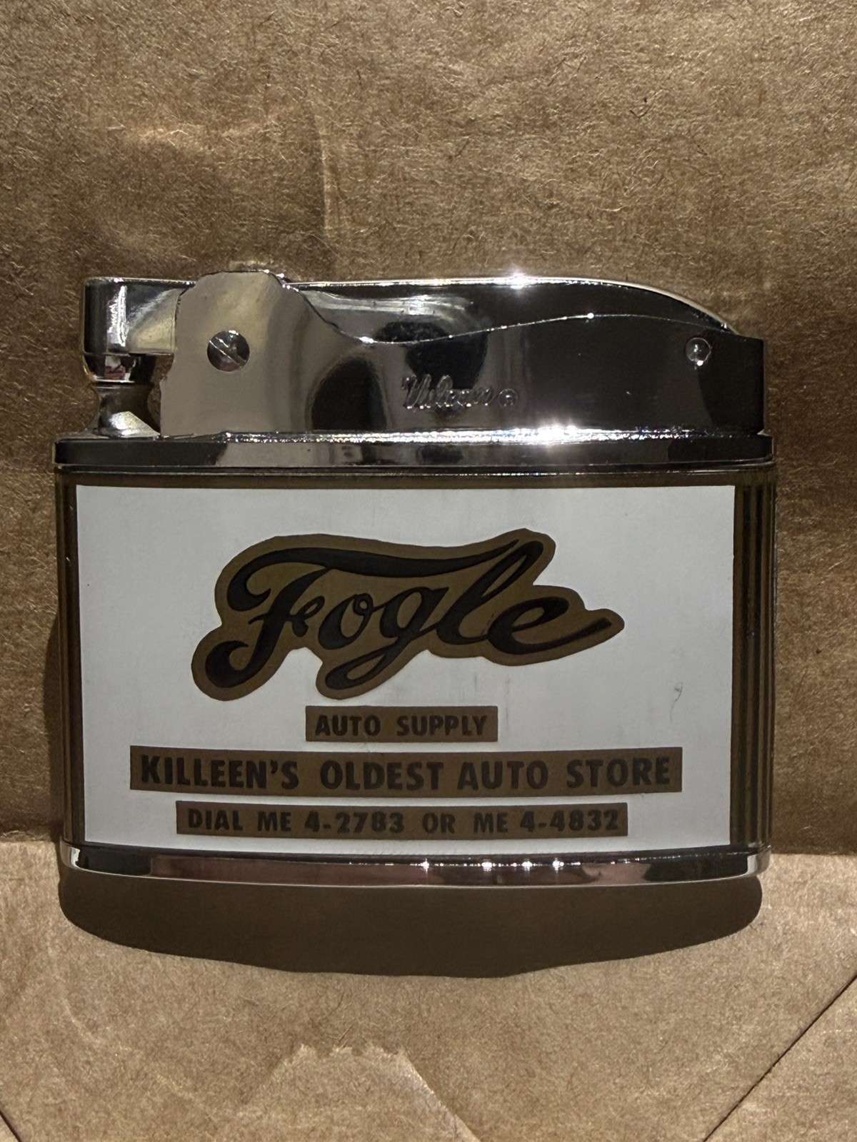 Vintage Vulcan Flat Lighter - Fogle Auto Supply Killeen Texas - Unfired NOS