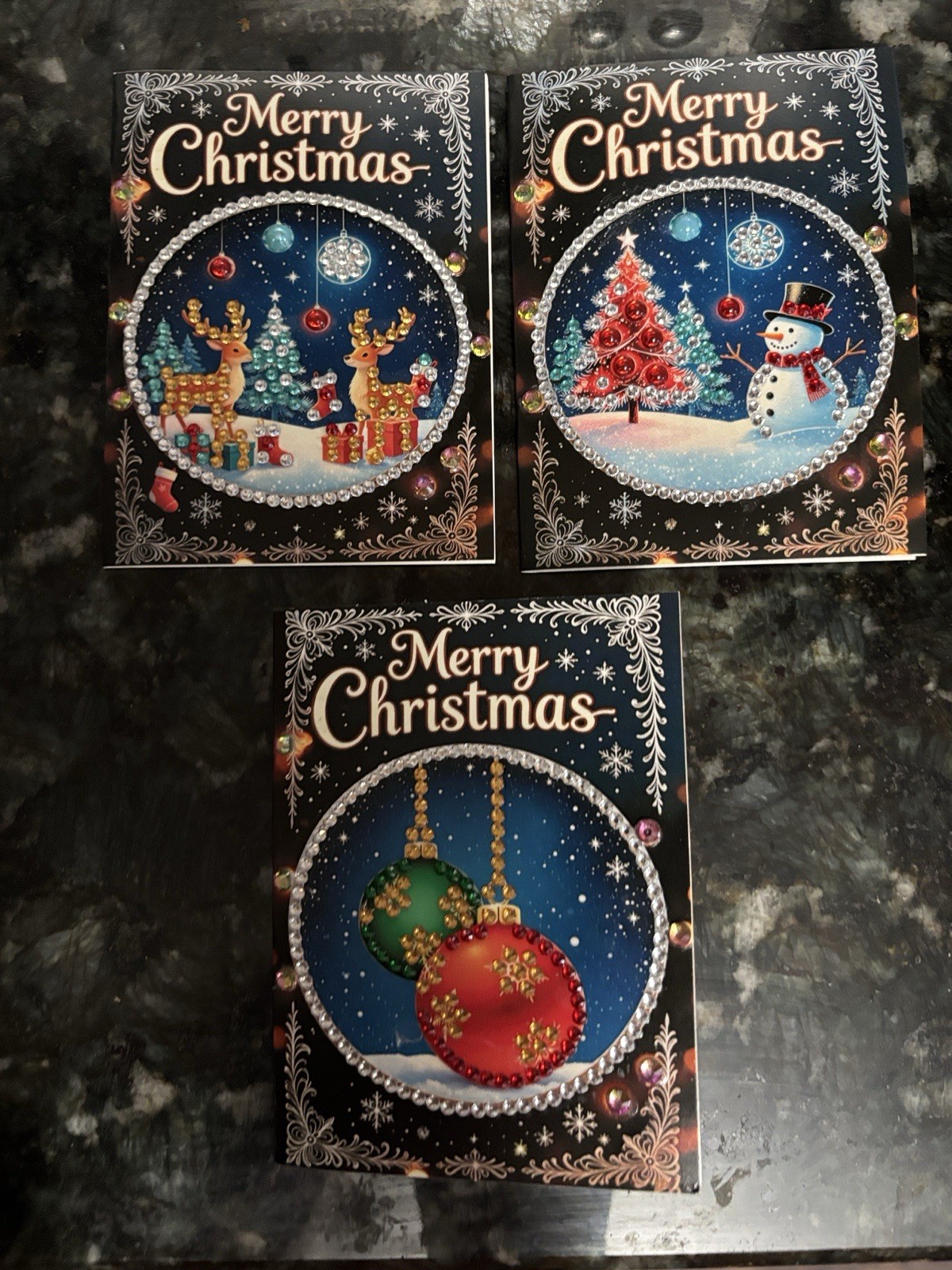 Set Of Three Mini Merry Christmas Cards Or Gift Tags With Sparkly Rhinestones