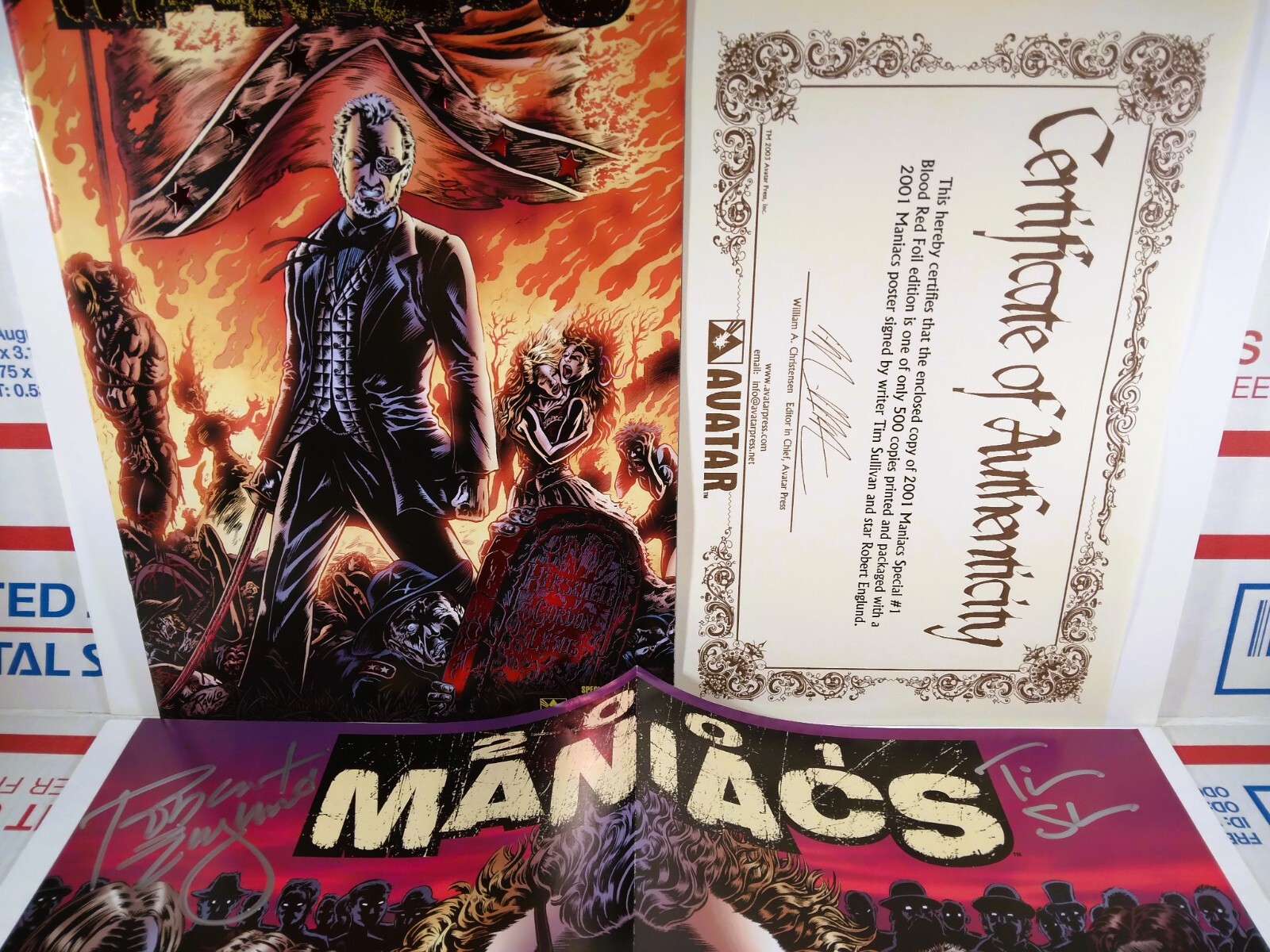 🩸💀 2X-SIGNED ROBERT ENGLUND 2001 MANIACS POSTER + SPECIAL #1 RED FOIL VARIANT